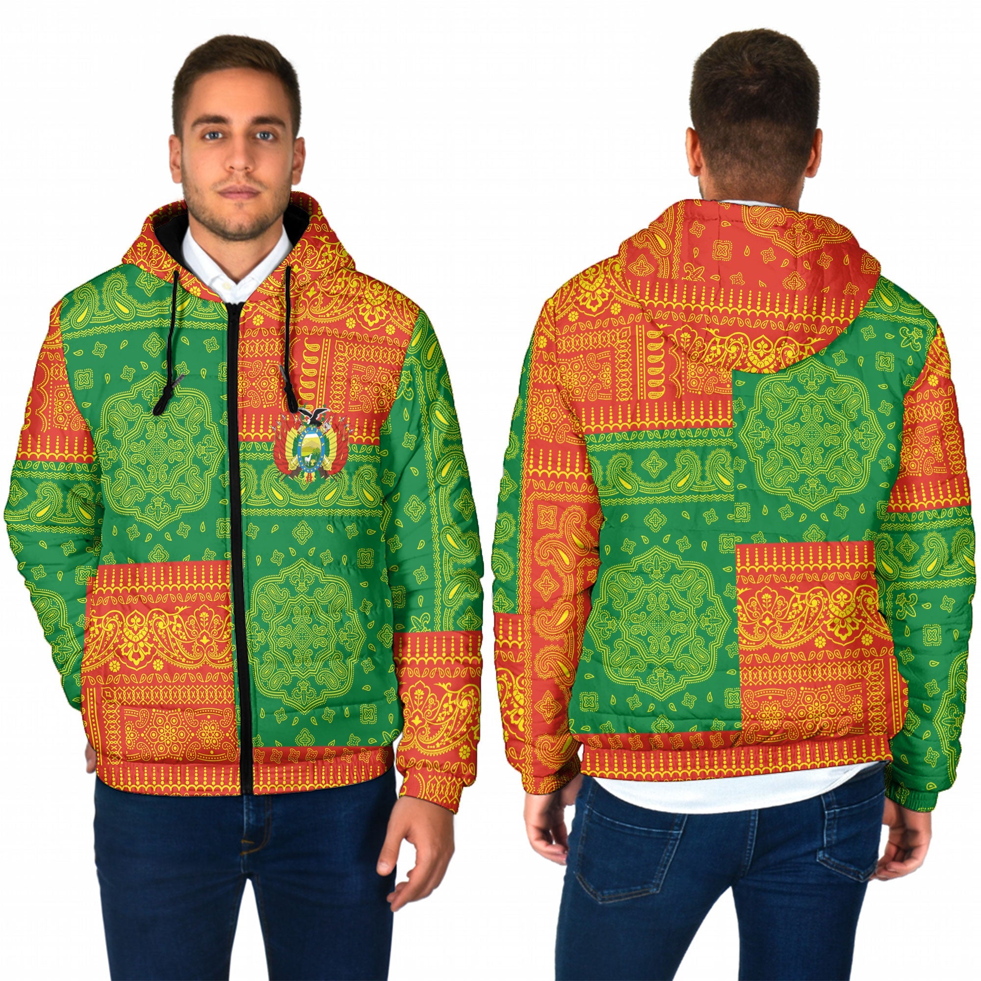 Bolivia Men Hooded Padded Jacket Flag And Paisley Basic Style 1