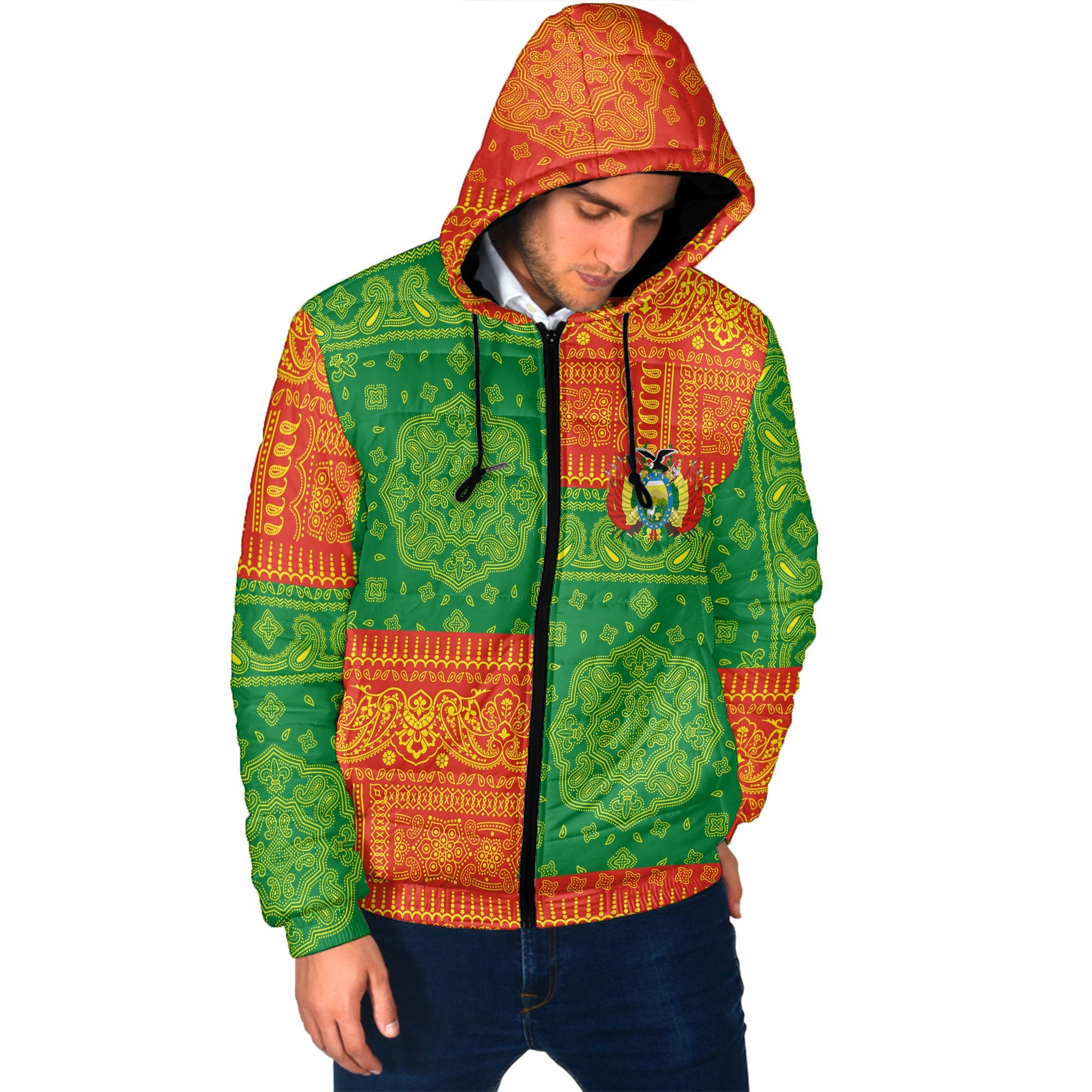 Bolivia Men Hooded Padded Jacket Flag And Paisley Basic Style 2