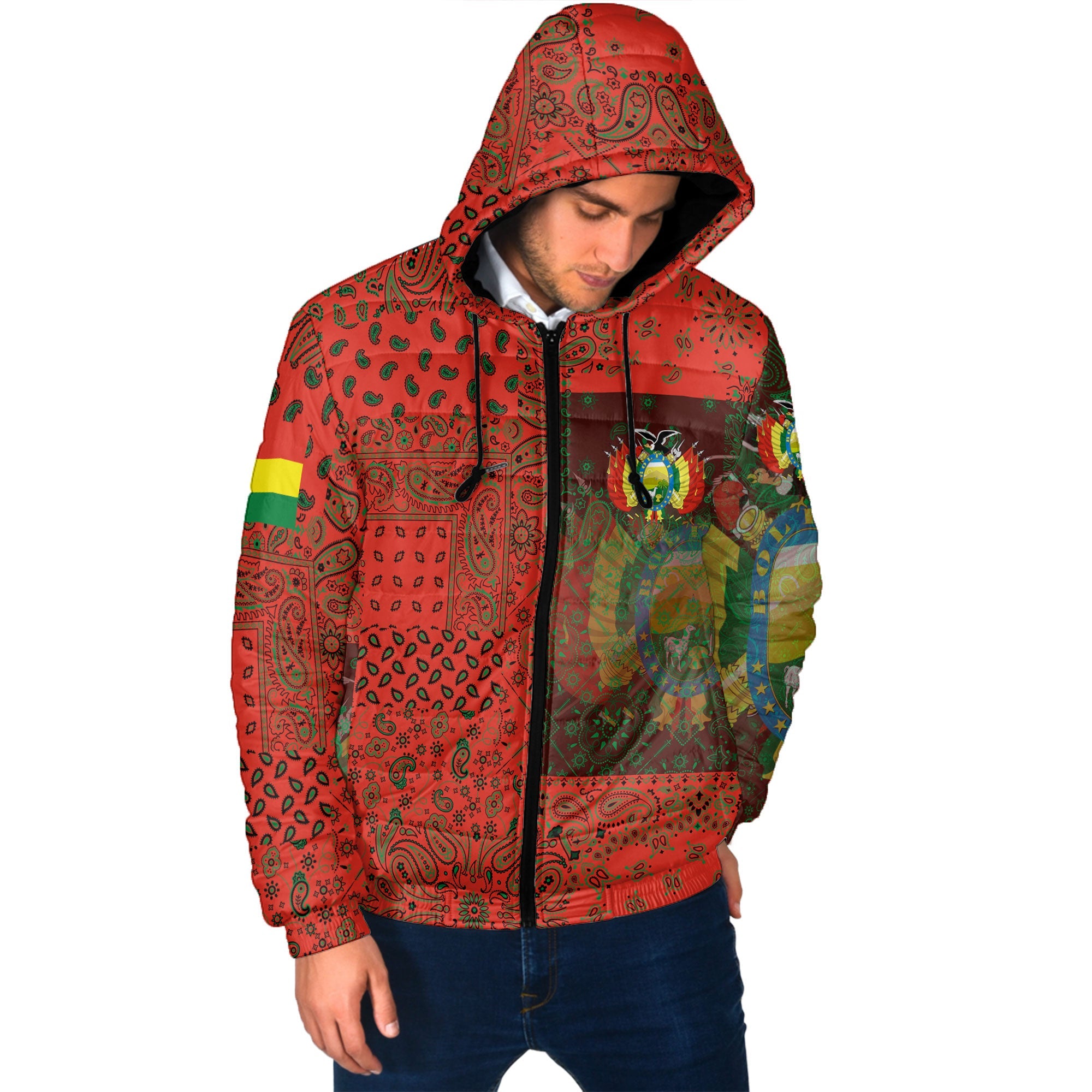 Bolivia Men Hooded Padded Jacket Paisley Flag And Skull Style 2