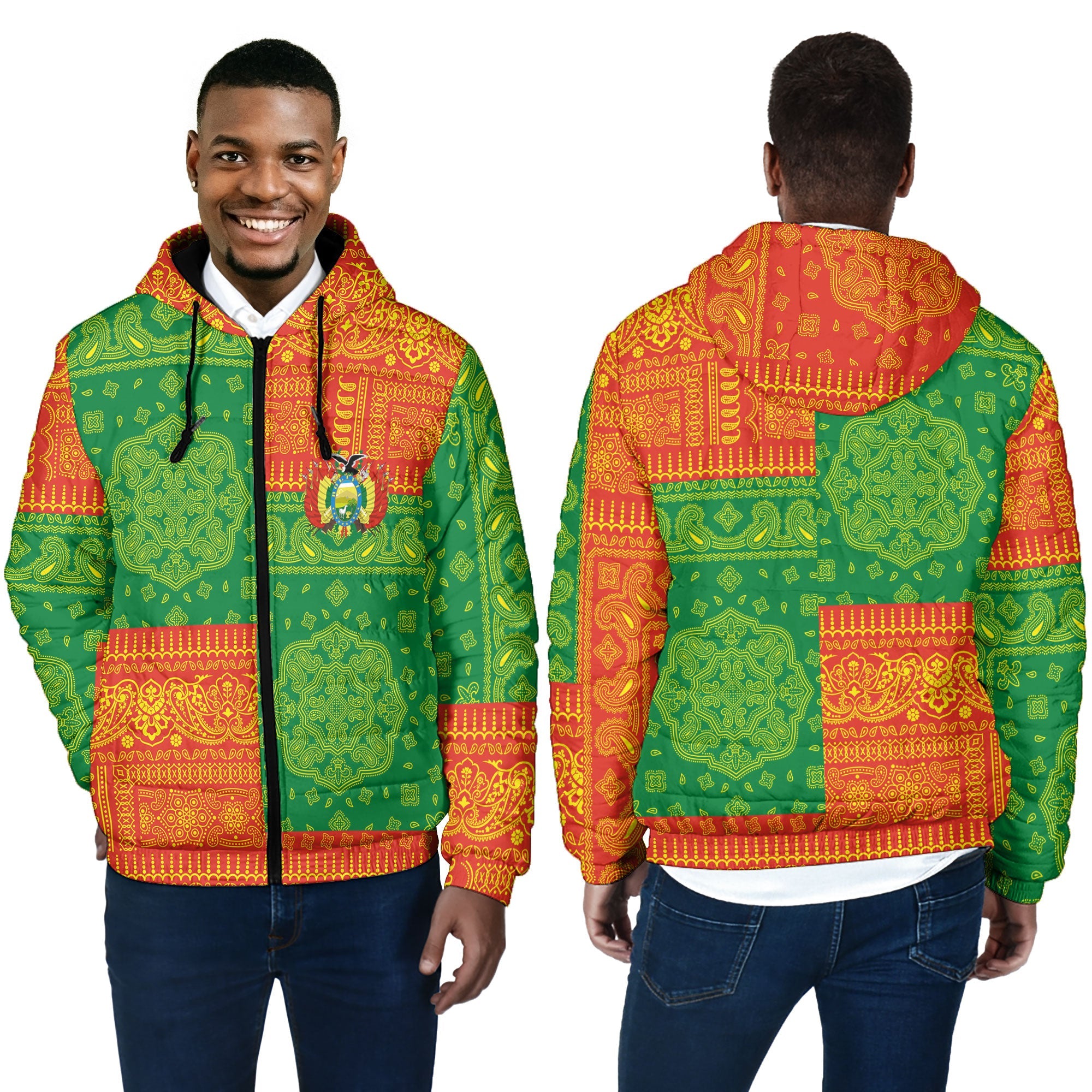 Bolivia Men Hooded Padded Jacket Flag And Paisley Basic Style 4