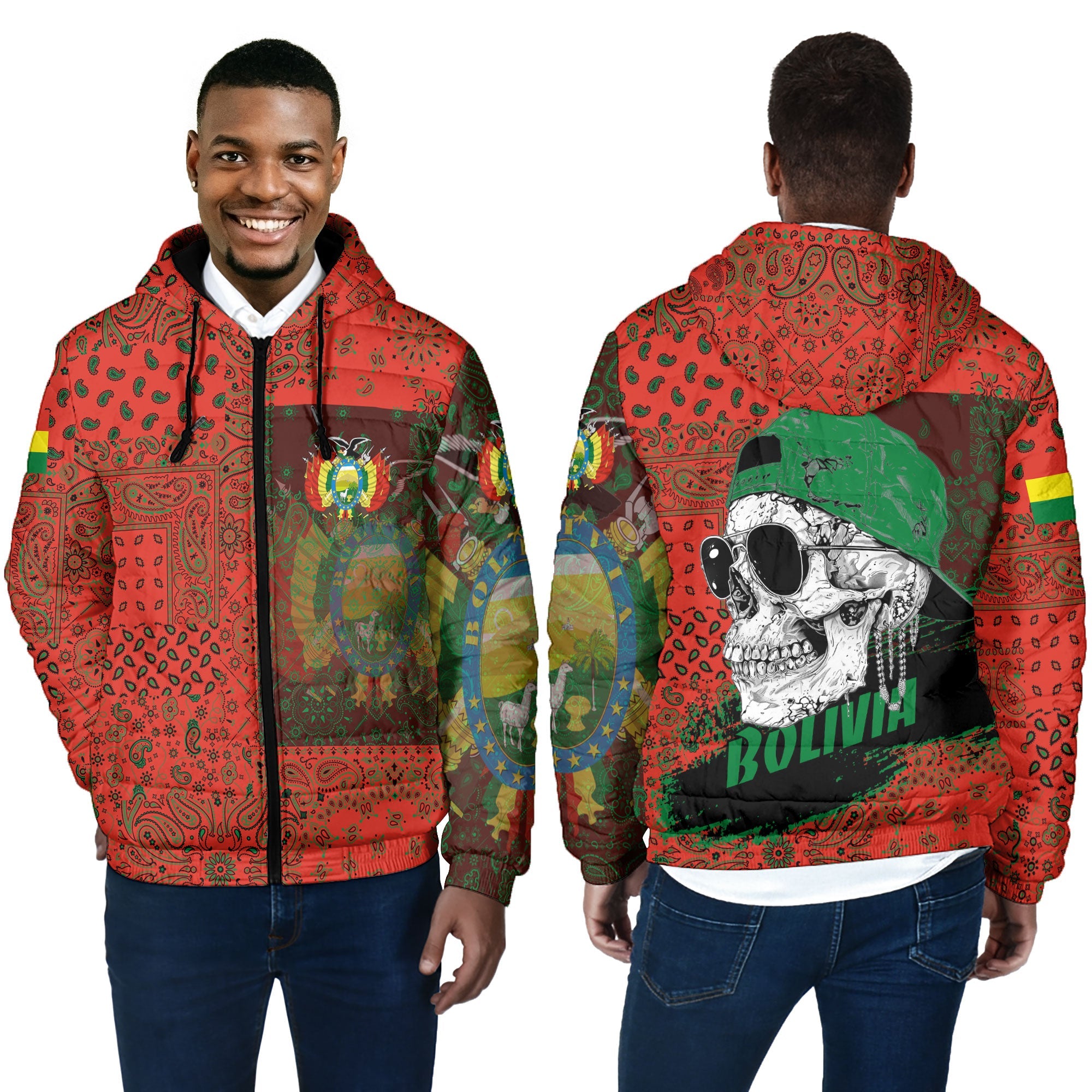 Bolivia Men Hooded Padded Jacket Paisley Flag And Skull Style 4