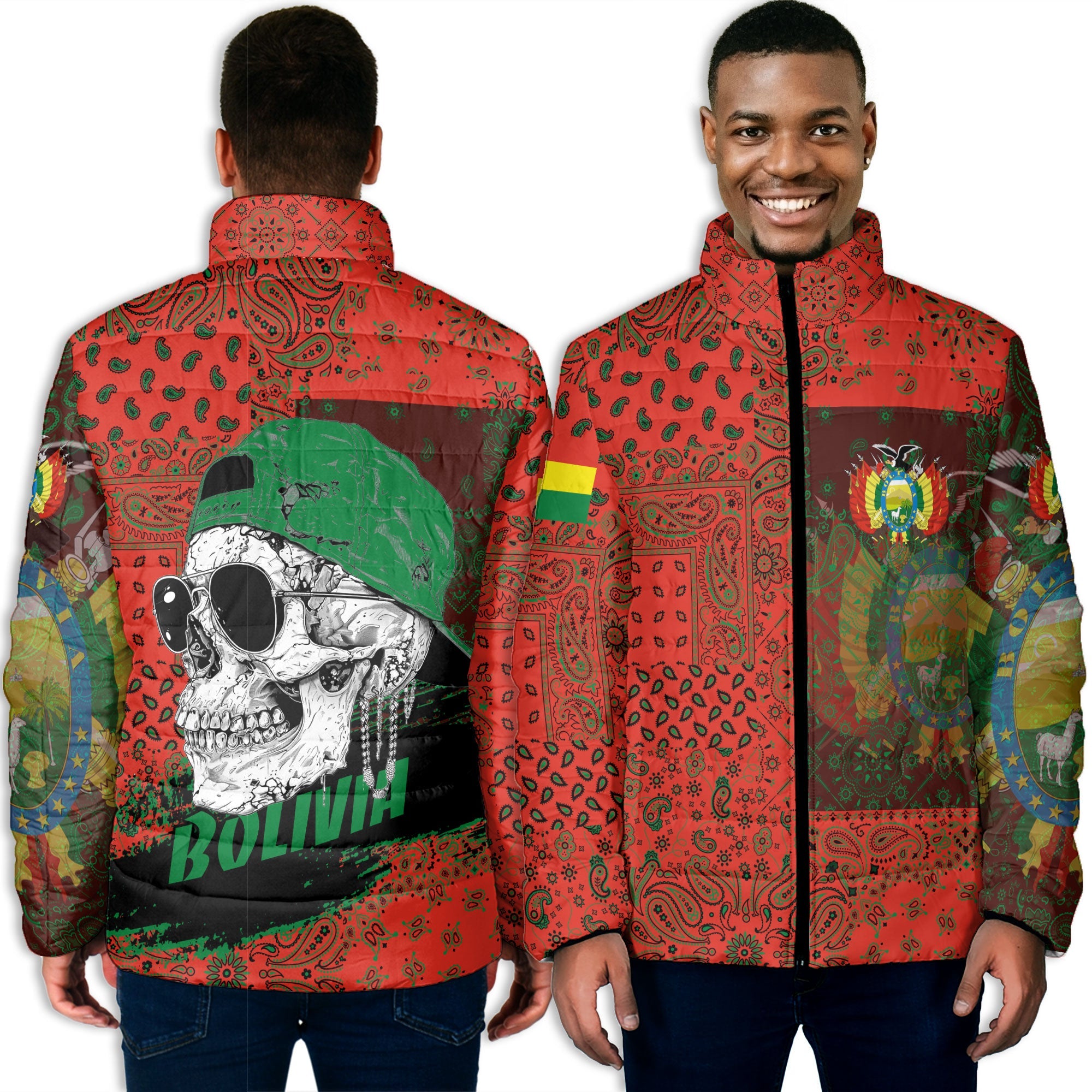 Bolivia Men Padded Jacket Paisley Flag And Skull Style 3