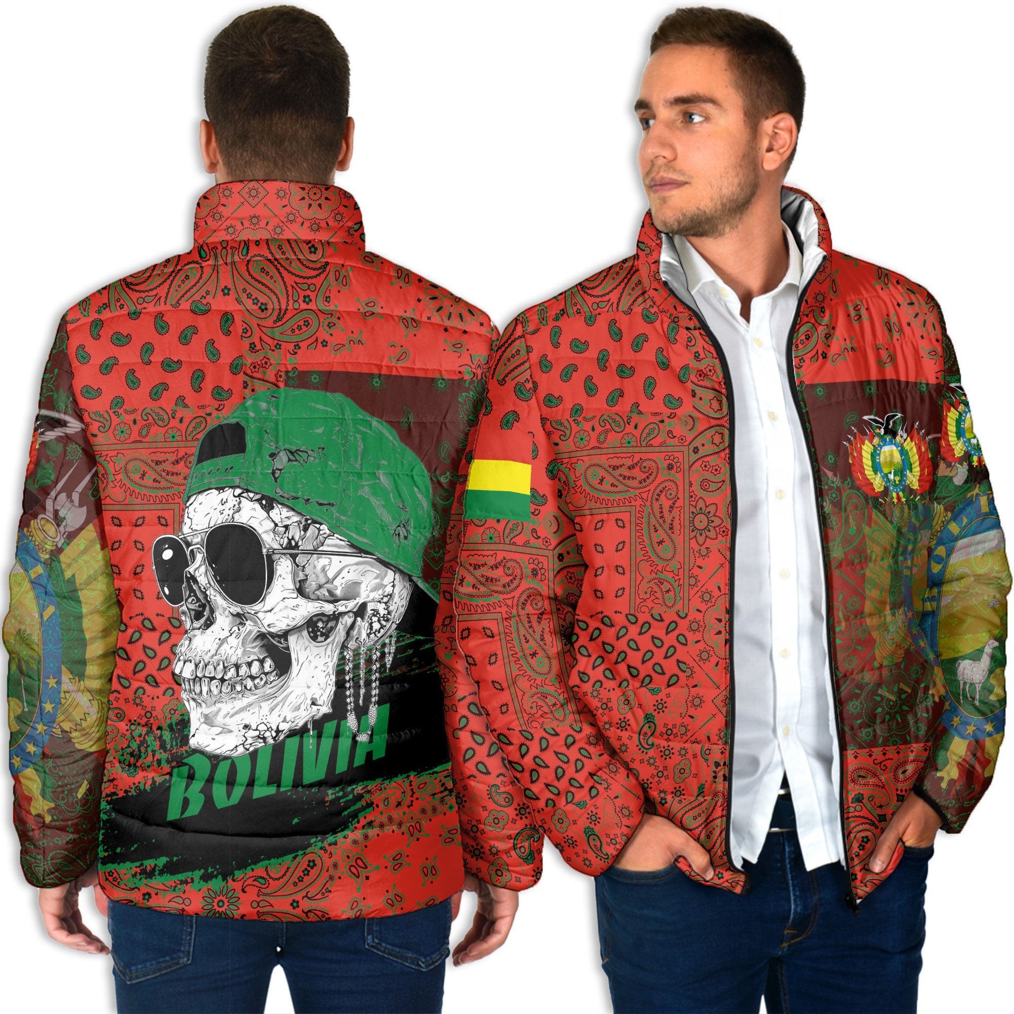 Bolivia Men Padded Jacket Paisley Flag And Skull Style 4