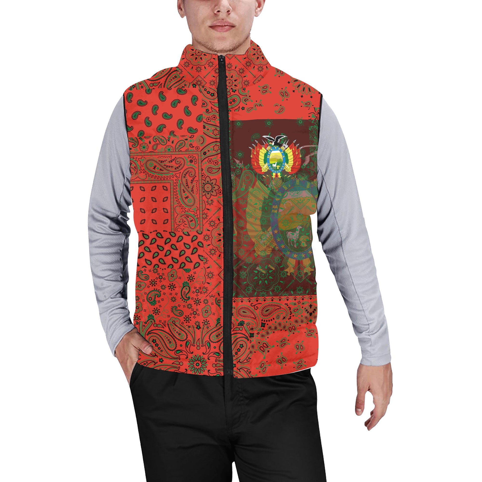 Bolivia Men Padded Jacket Vest Paisley Flag And Skull Style 1