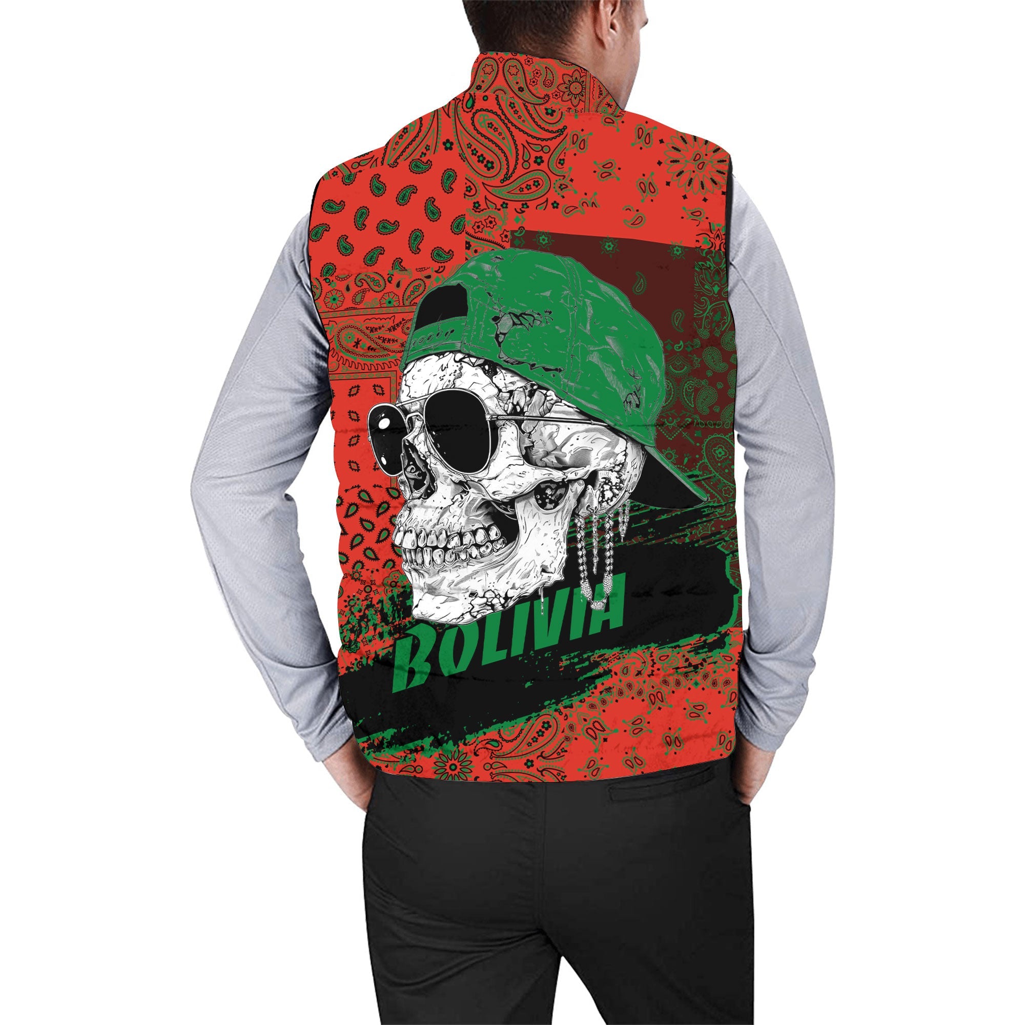 Bolivia Men Padded Jacket Vest Paisley Flag And Skull Style 2