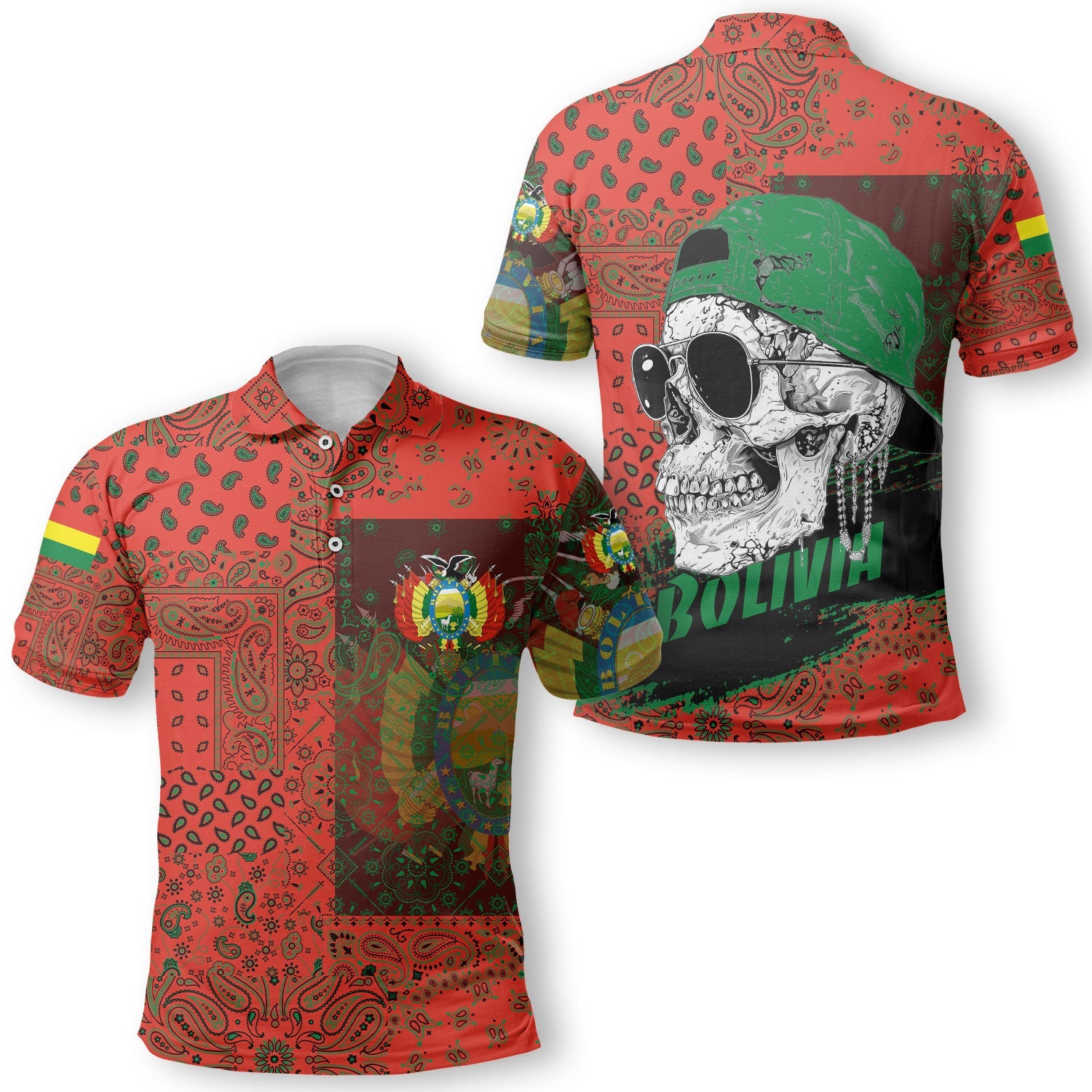 Bolivia Polo Shirt Paisley Flag And Skull Style 1