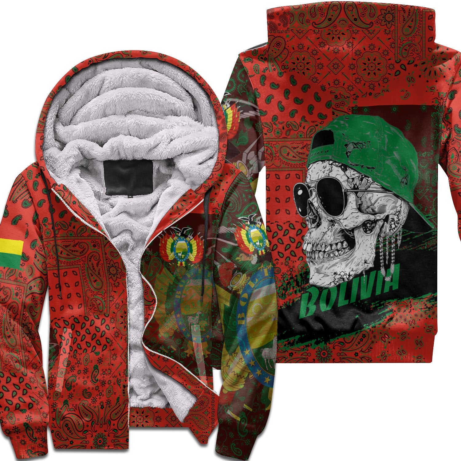 Bolivia Sherpa Hoodie Paisley Flag And Skull Style 1