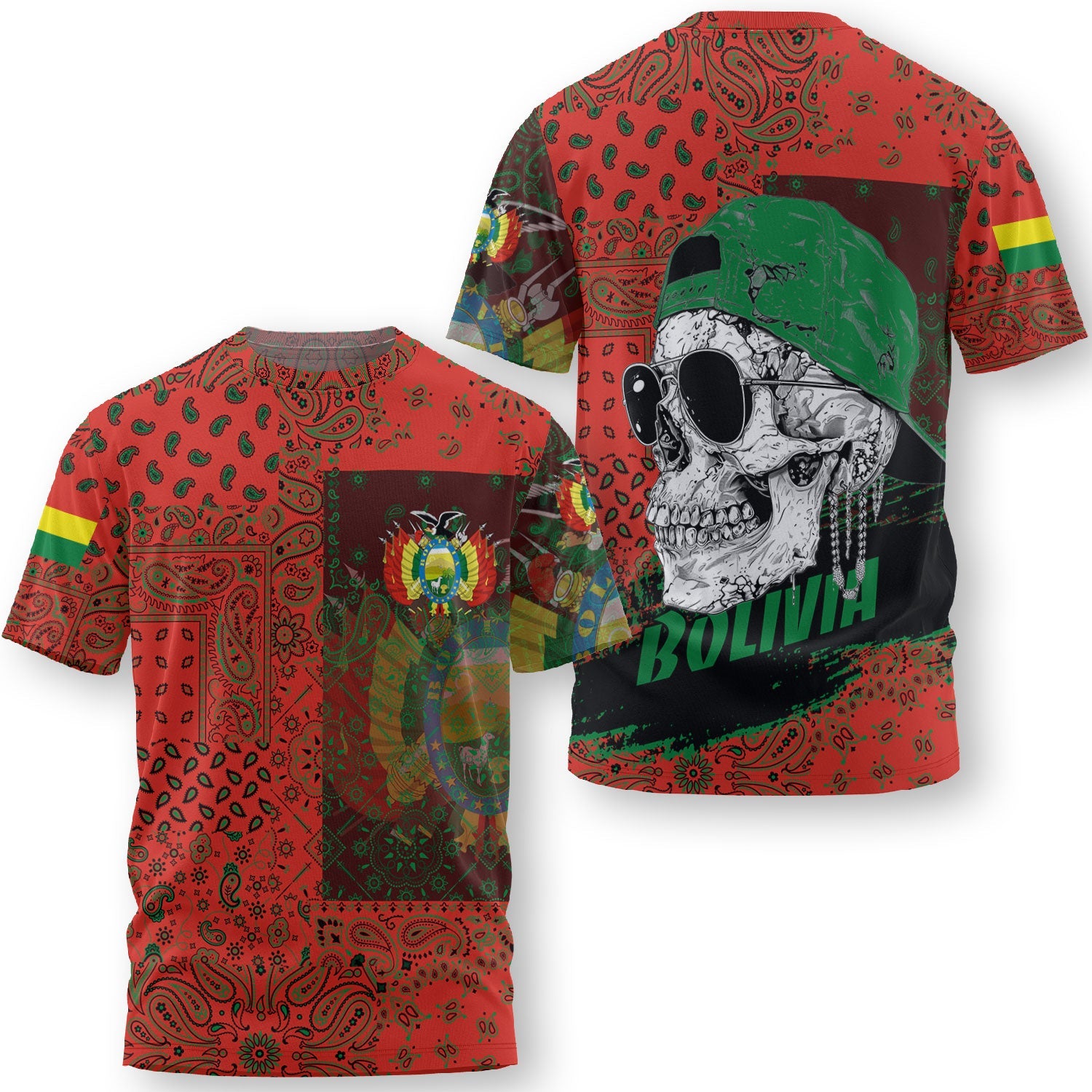 Bolivia T Shirt Paisley Flag And Skull Style 3