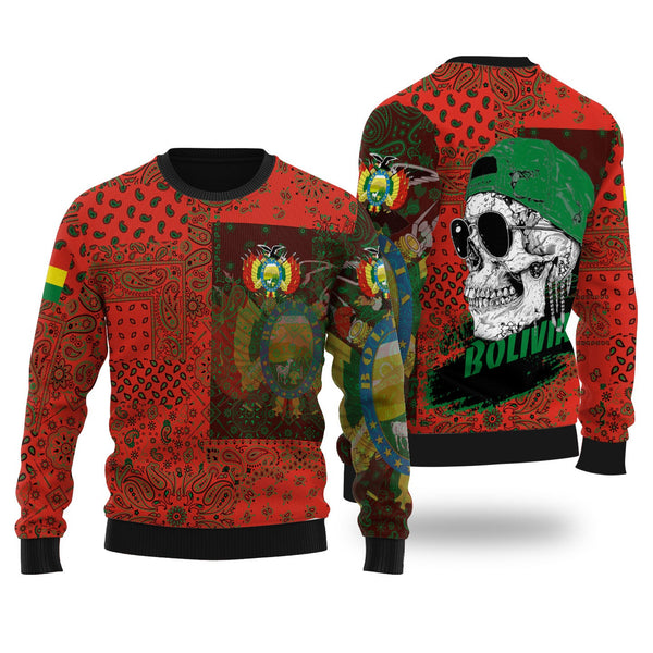 Bolivia Ugly Sweater Paisley Flag And Skull Style 1