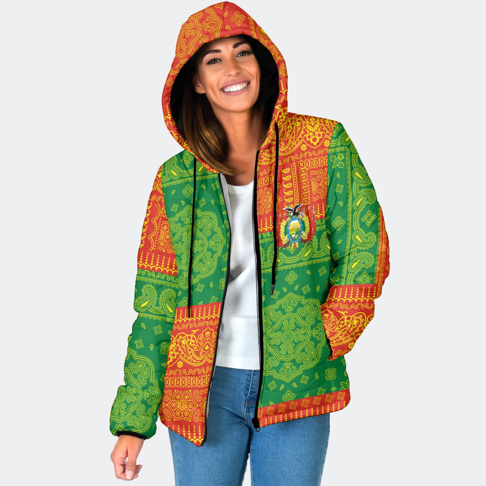 Bolivia Women Hooded Padded Jacket Flag And Paisley Basic Style 1