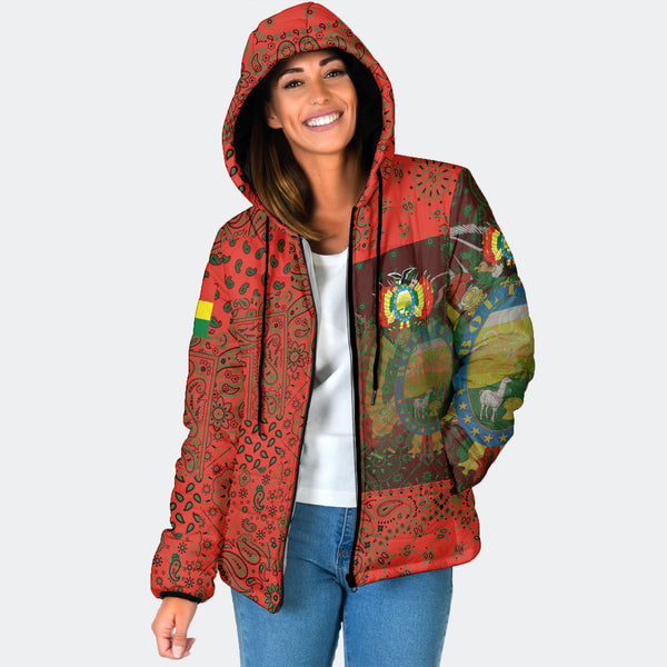 Bolivia Women Hooded Padded Jacket Paisley Flag And Skull Style 1