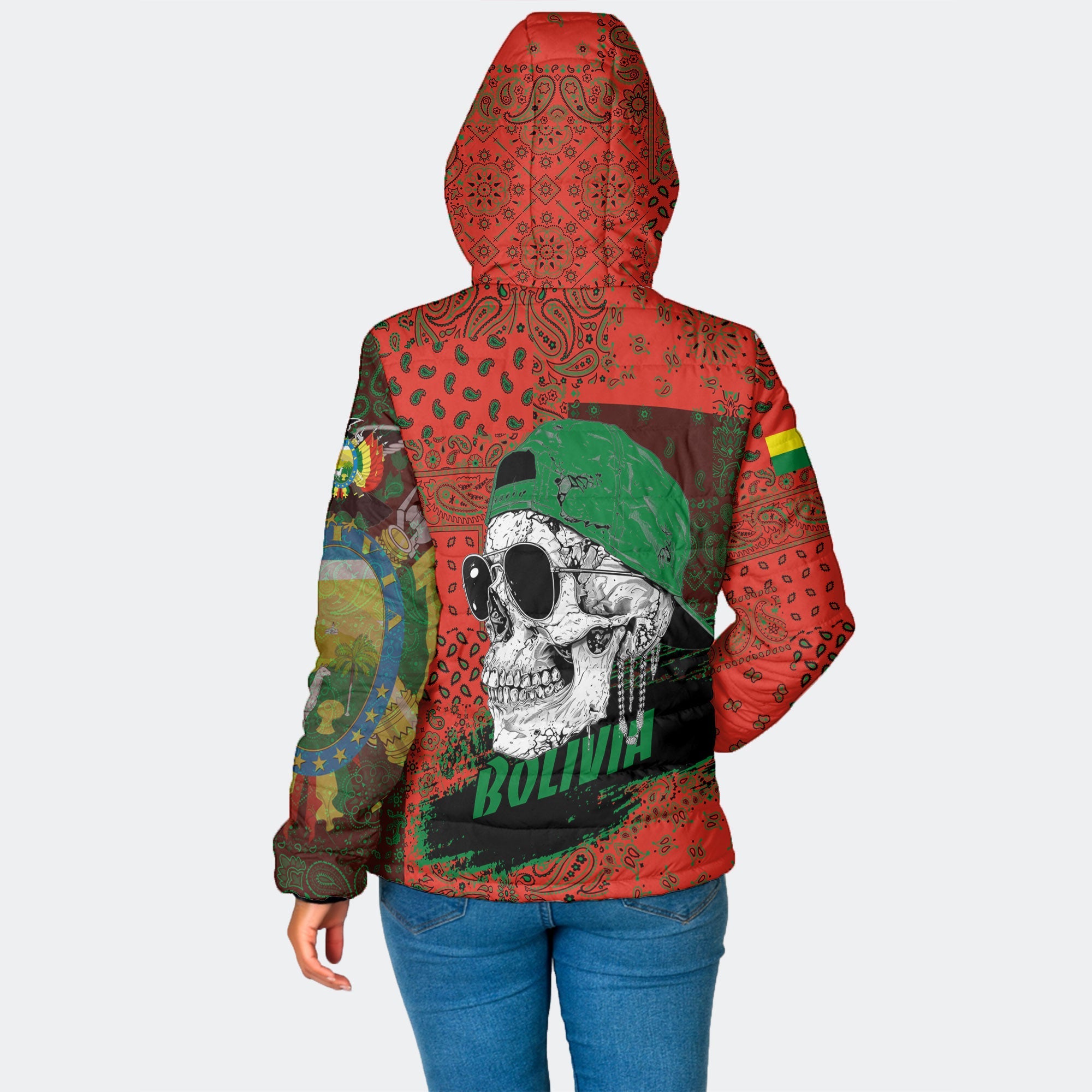 Bolivia Women Hooded Padded Jacket Paisley Flag And Skull Style 2