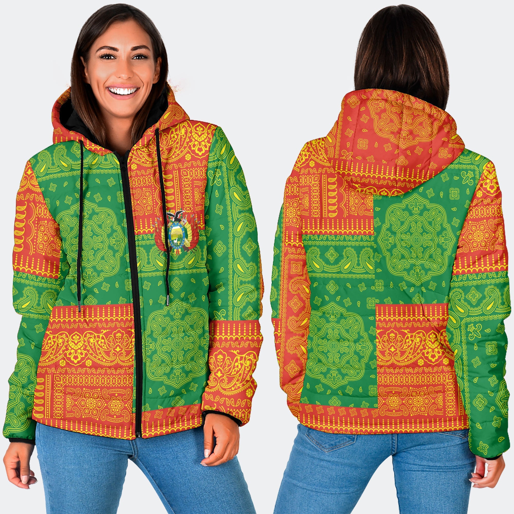 Bolivia Women Hooded Padded Jacket Flag And Paisley Basic Style 3