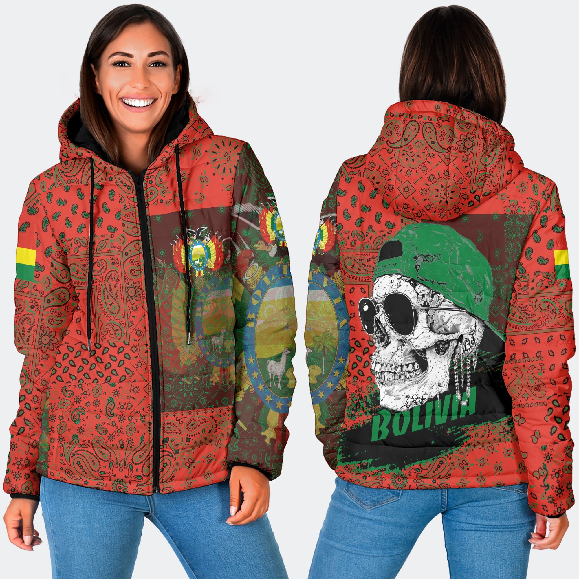 Bolivia Women Hooded Padded Jacket Paisley Flag And Skull Style 3