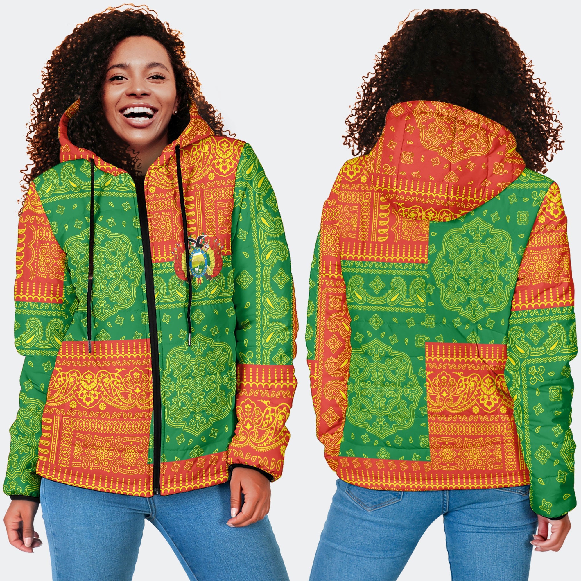 Bolivia Women Hooded Padded Jacket Flag And Paisley Basic Style 4