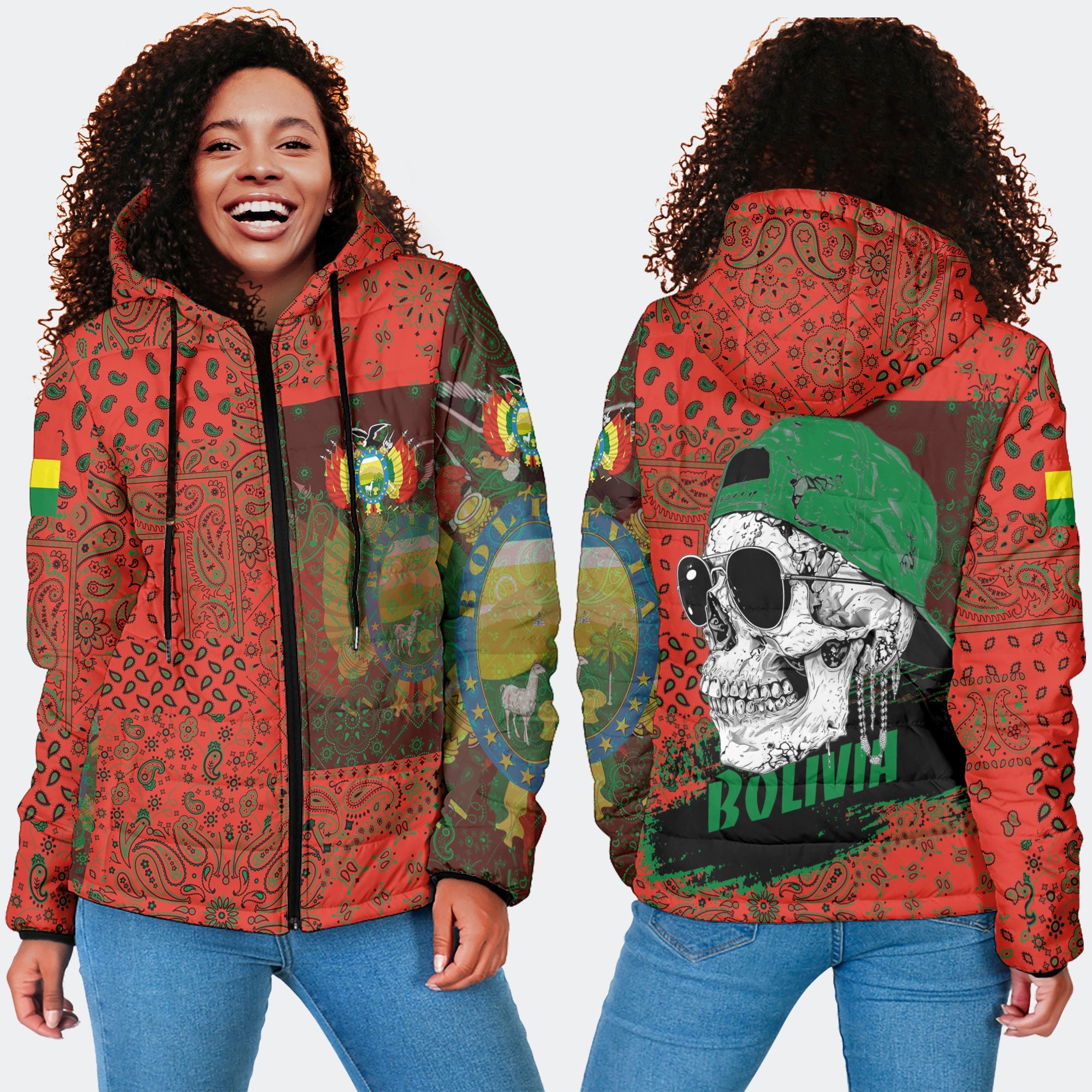 Bolivia Women Hooded Padded Jacket Paisley Flag And Skull Style 4