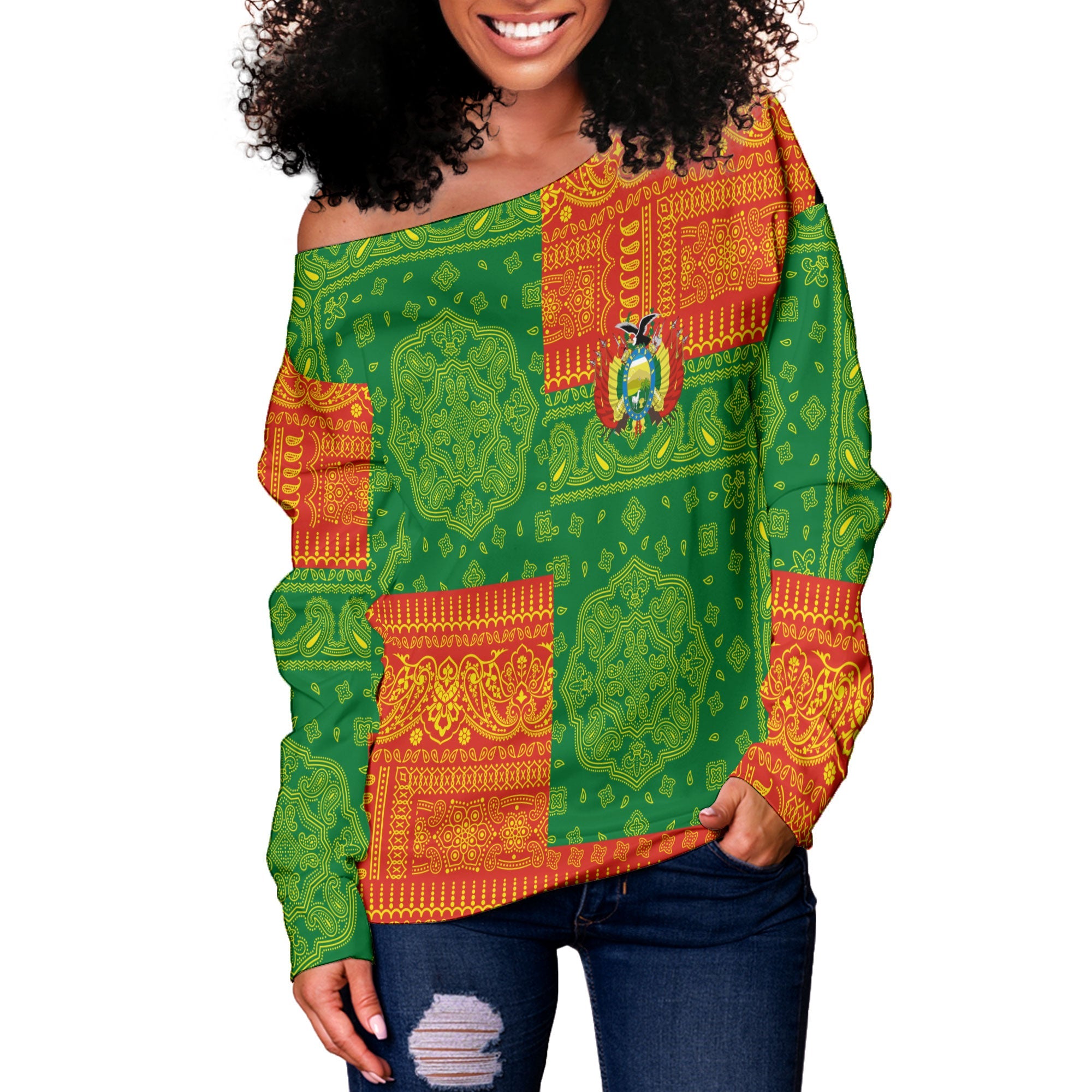 Bolivia Women Off Shoulder Sweatshirt Flag And Paisley Basic Style 2