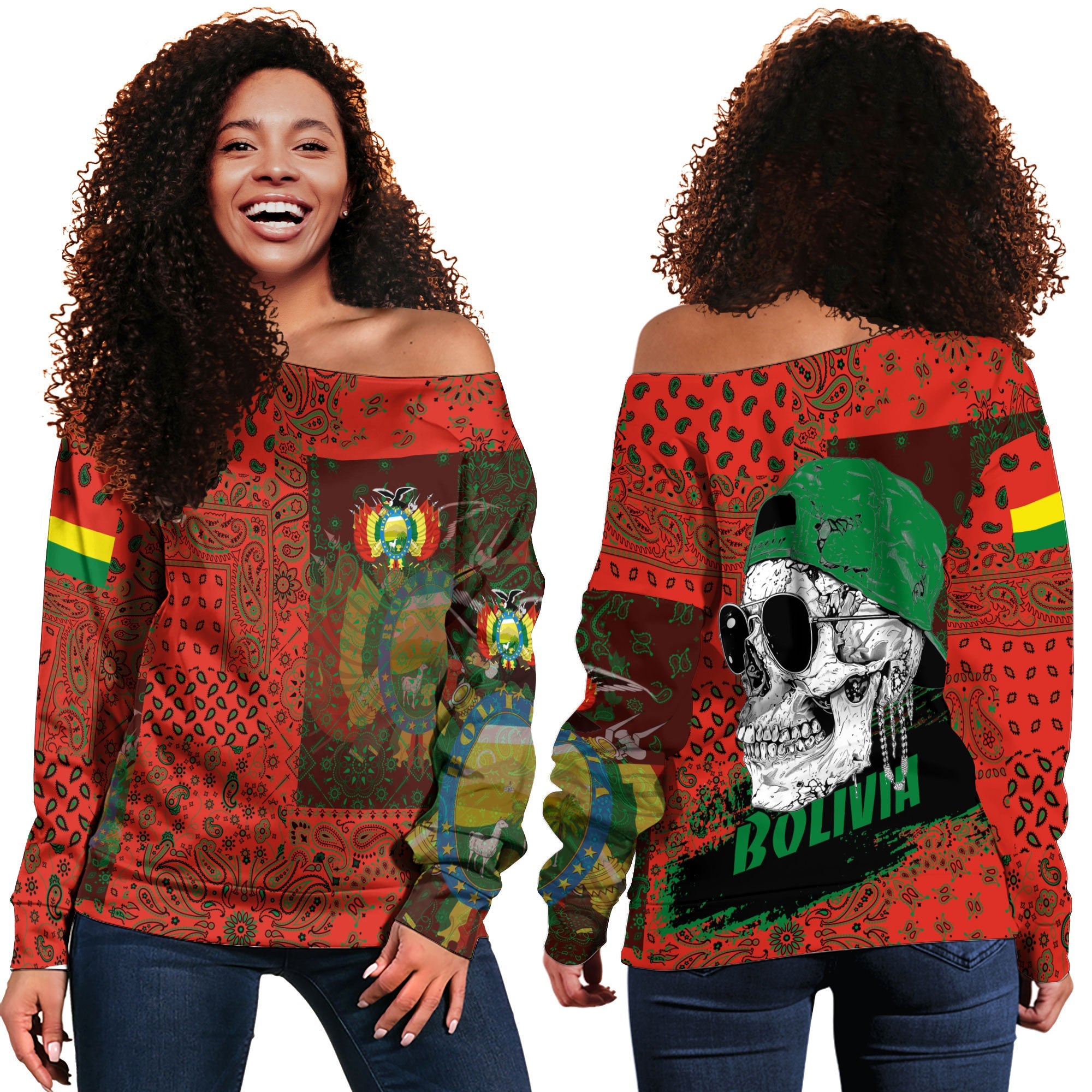 Bolivia Women Off Shoulder Sweatshirt Paisley Flag And Skull Style 1