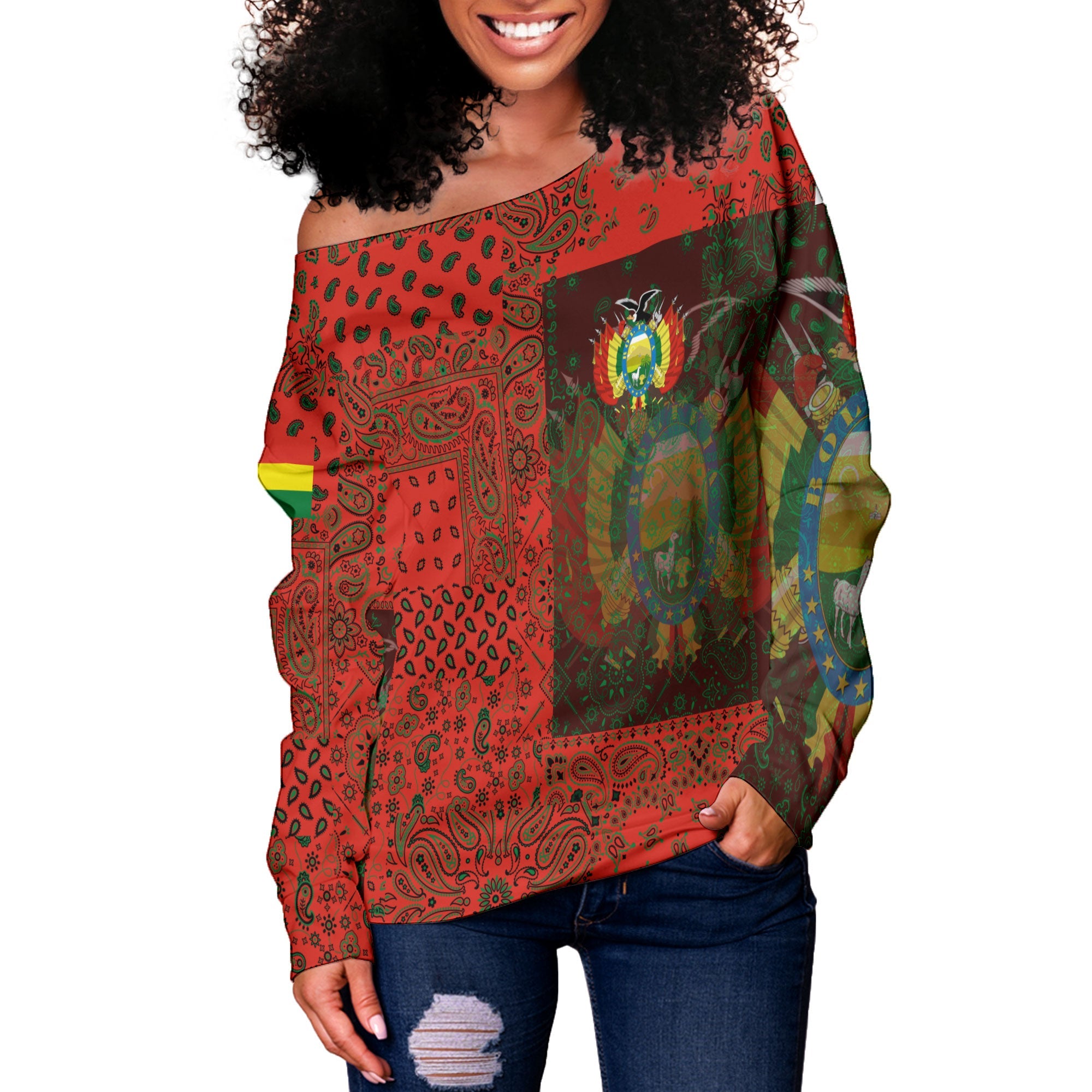 Bolivia Women Off Shoulder Sweatshirt Paisley Flag And Skull Style 2