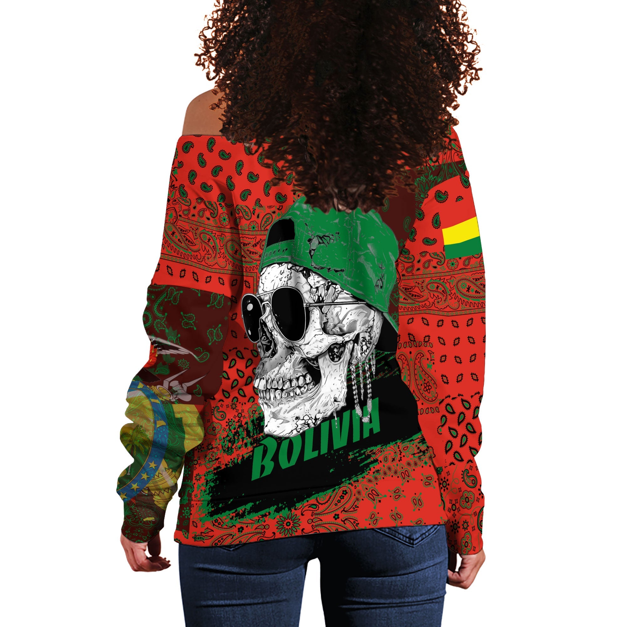 Bolivia Women Off Shoulder Sweatshirt Paisley Flag And Skull Style 3