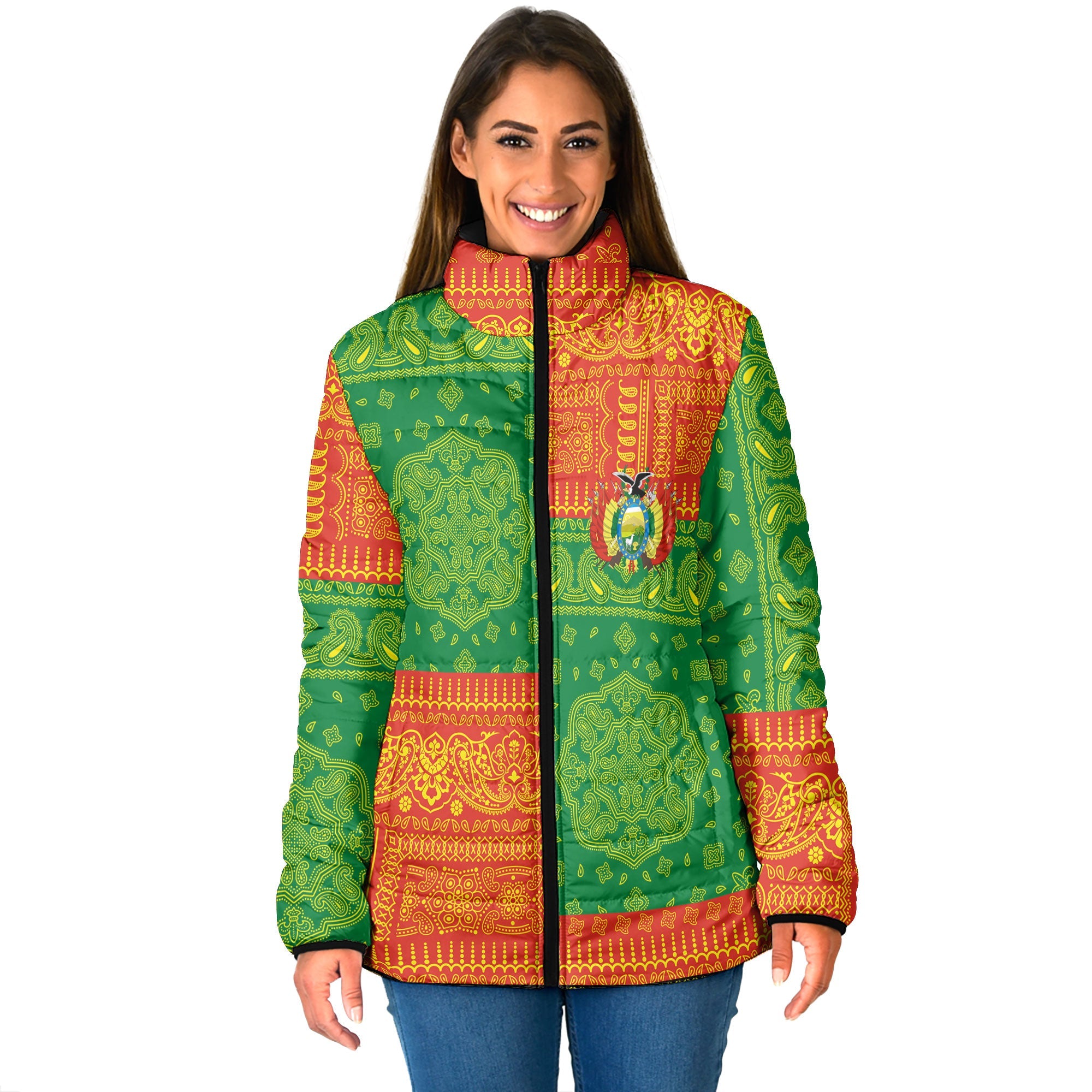 Bolivia Women Padded Jacket Flag And Paisley Basic Style 1