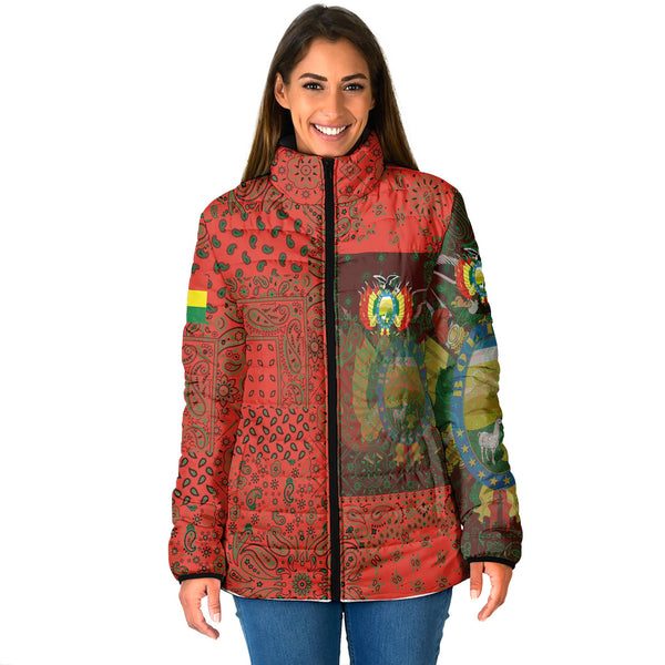 Bolivia Women Padded Jacket Paisley Flag And Skull Style 1