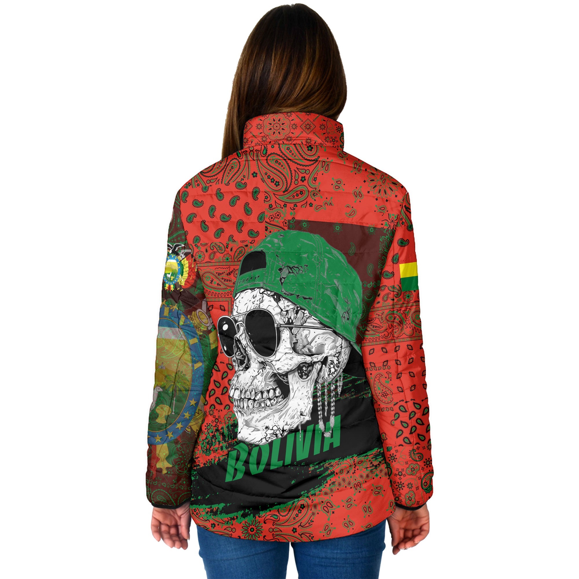 Bolivia Women Padded Jacket Paisley Flag And Skull Style 2