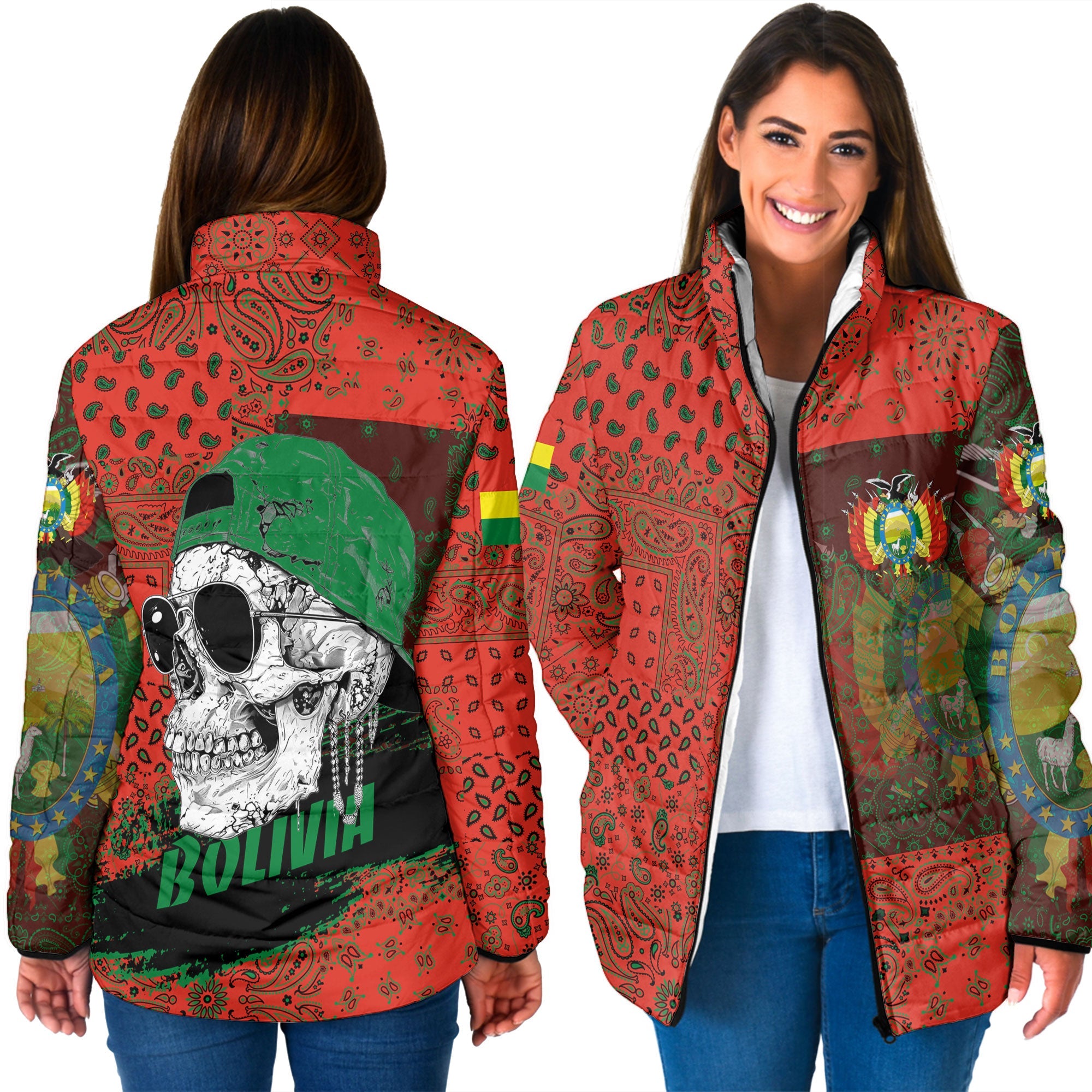 Bolivia Women Padded Jacket Paisley Flag And Skull Style 3