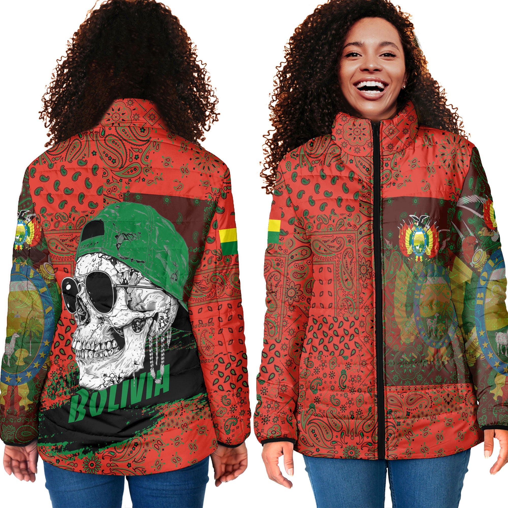 Bolivia Women Padded Jacket Paisley Flag And Skull Style 4