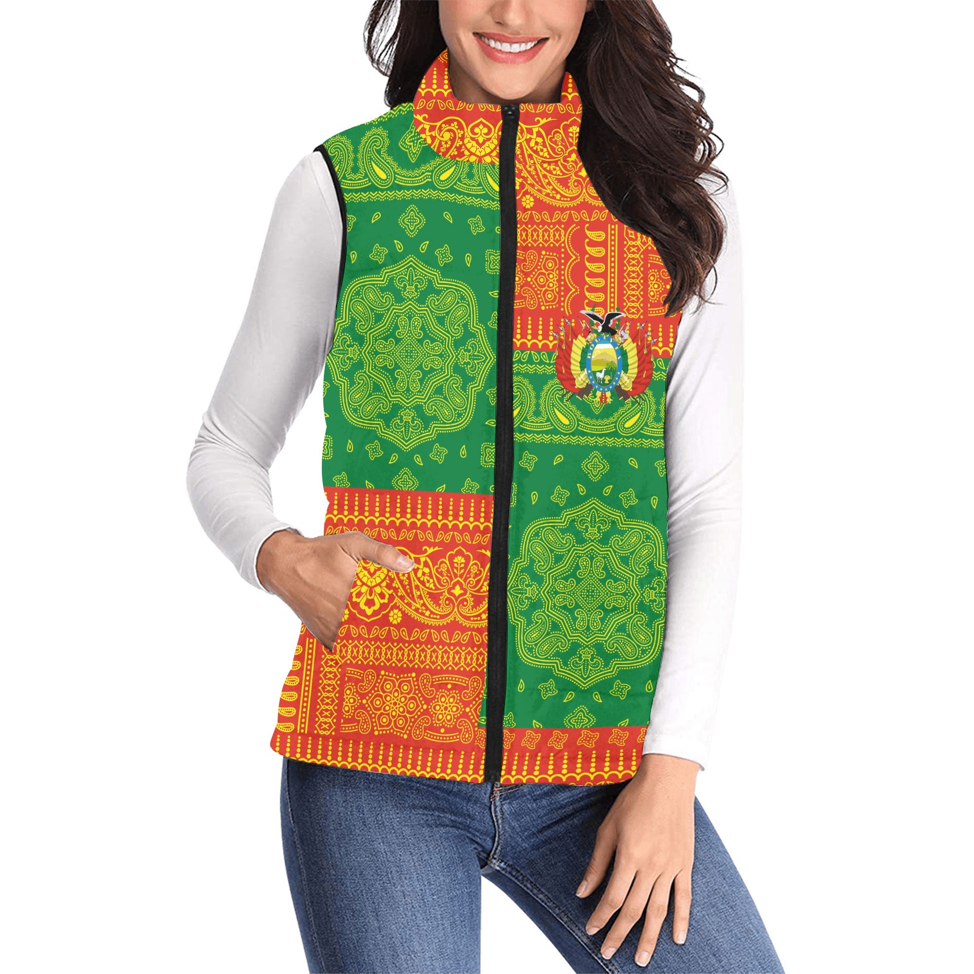 Bolivia Women Padded Jacket Vest Flag And Paisley Basic Style 1