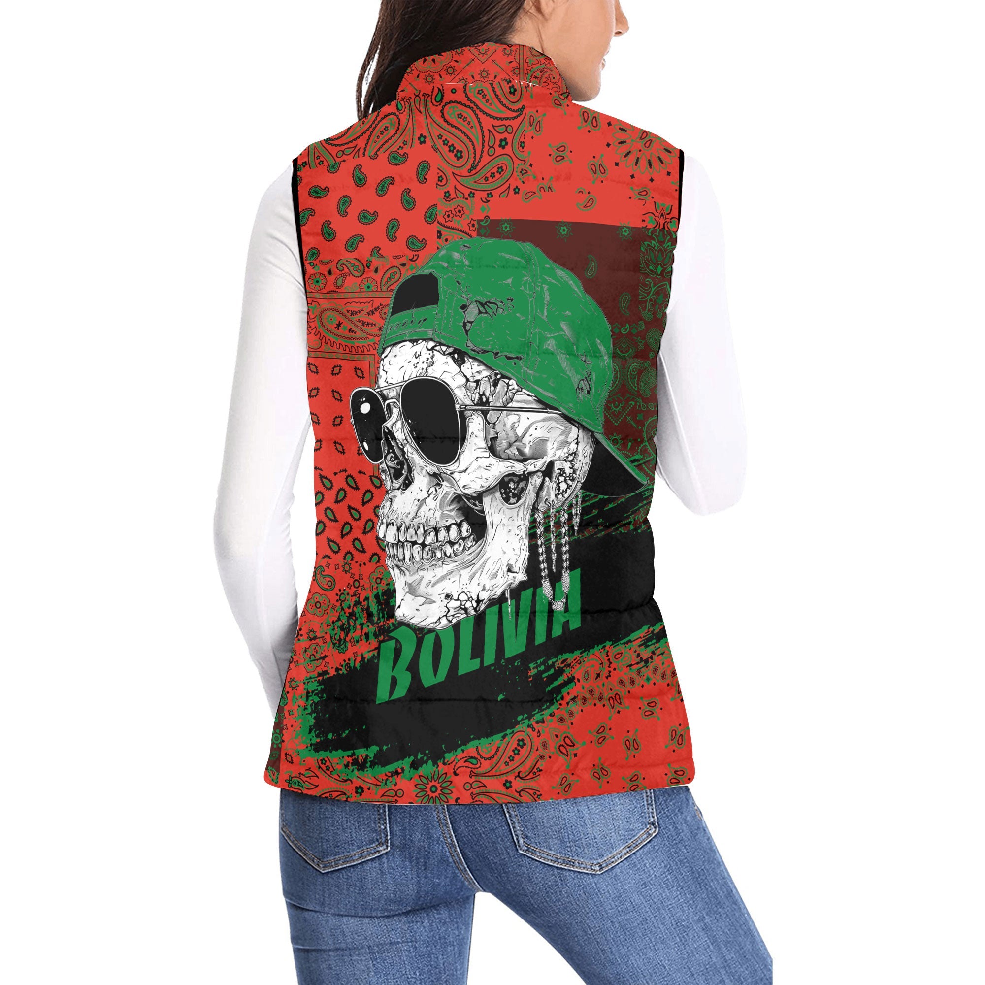 Bolivia Women Padded Jacket Vest Paisley Flag And Skull Style 2