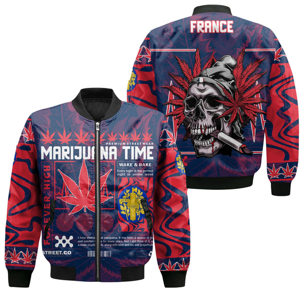 France Bomber Jacket Flag & Coat Of Arms Marijuanas Style