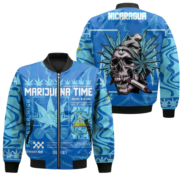 Nicaragua Bomber Jacket Flag & Coat Of Arms Marijuanas Style