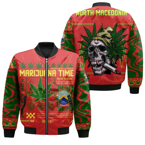 North Macedonia Bomber Jacket Flag & Coat Of Arms Marijuanas Style