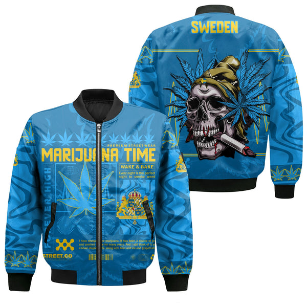 Sweden Bomber Jacket Flag & Coat Of Arms Marijuanas Style