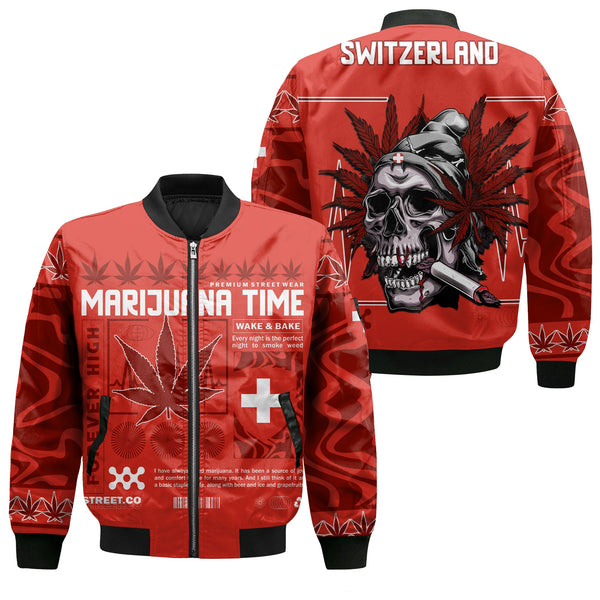 Switzerland Bomber Jacket Flag & Coat Of Arms Marijuanas Style