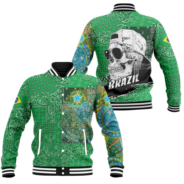 Brazil Baseball Jacket Paisley Flag And Skull Style 1