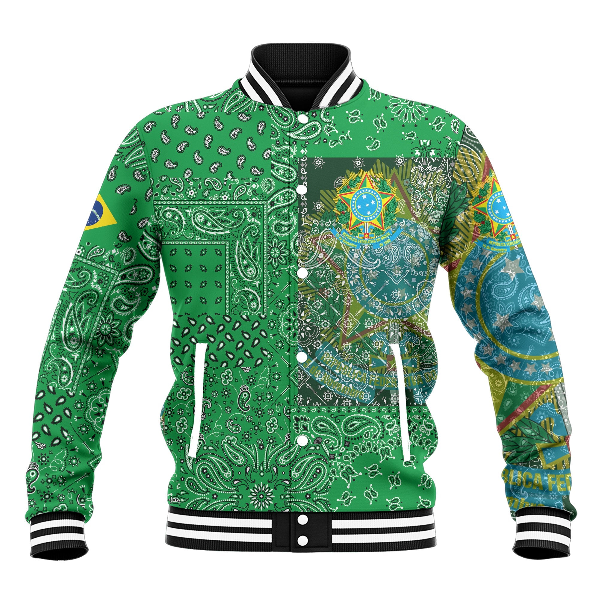 Brazil Baseball Jacket Paisley Flag And Skull Style 2