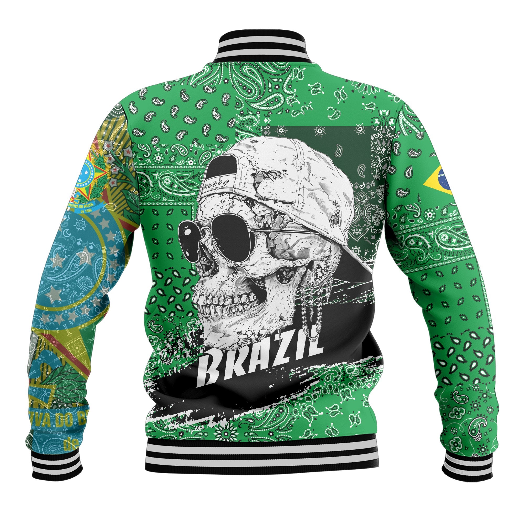 Brazil Baseball Jacket Paisley Flag And Skull Style 3