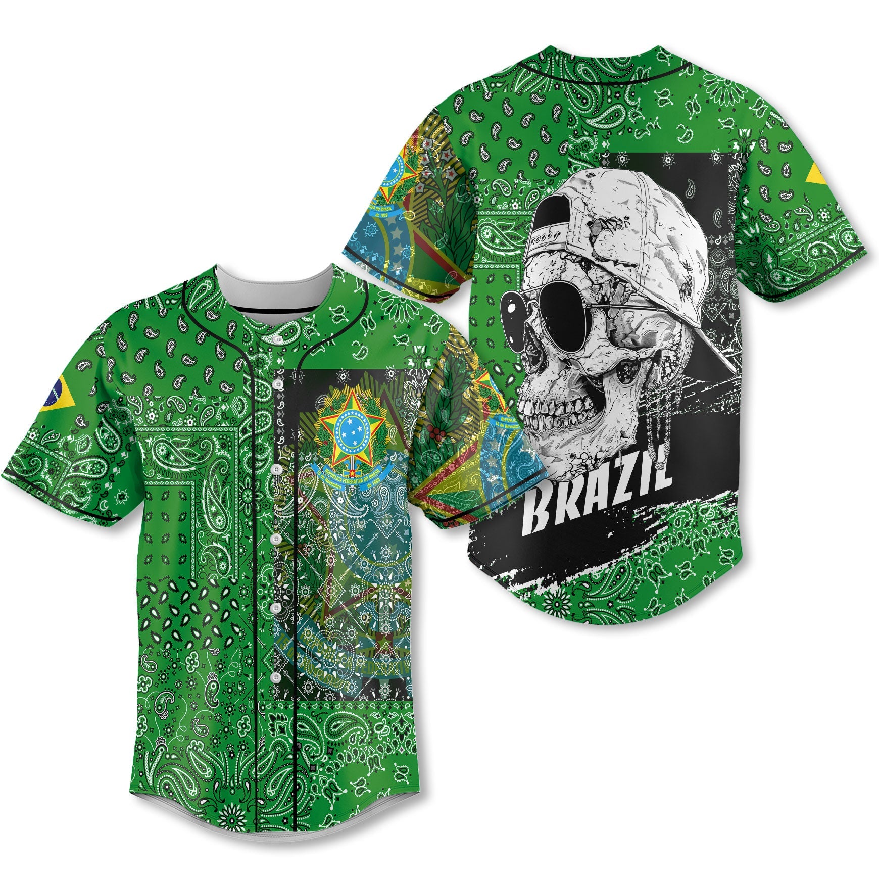 Brazil Baseball Jersey Paisley Flag And Skull Style 1