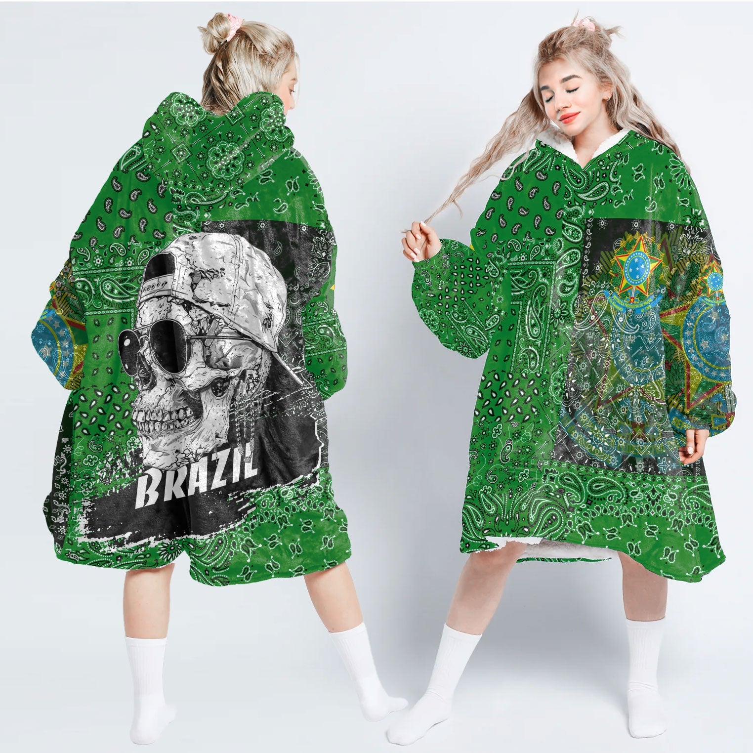 Brazil Hoodie Blanket Paisley Flag And Skull Style 1