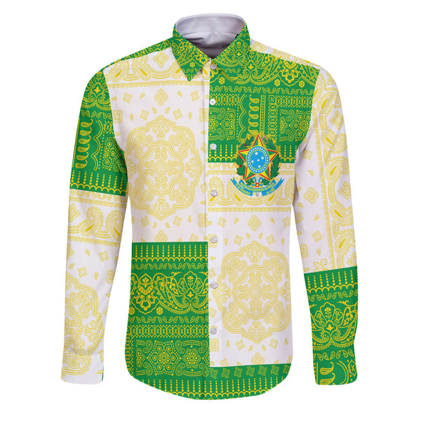 Brazil Long Sleeve Button Shirt Flag And Paisley Basic Style 1