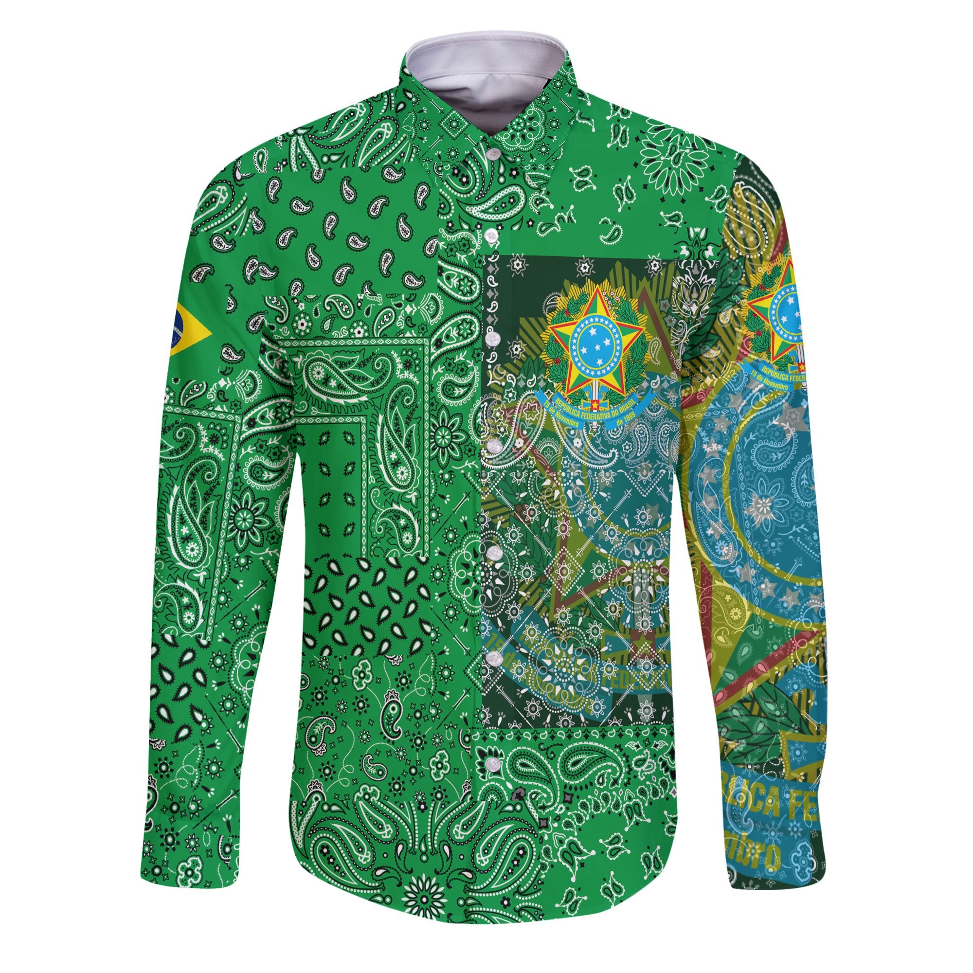 Brazil Long Sleeve Button Shirt Paisley Flag And Skull Style 1