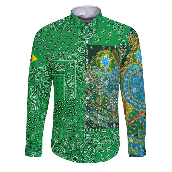 Brazil Long Sleeve Button Shirt Paisley Flag And Skull Style 1