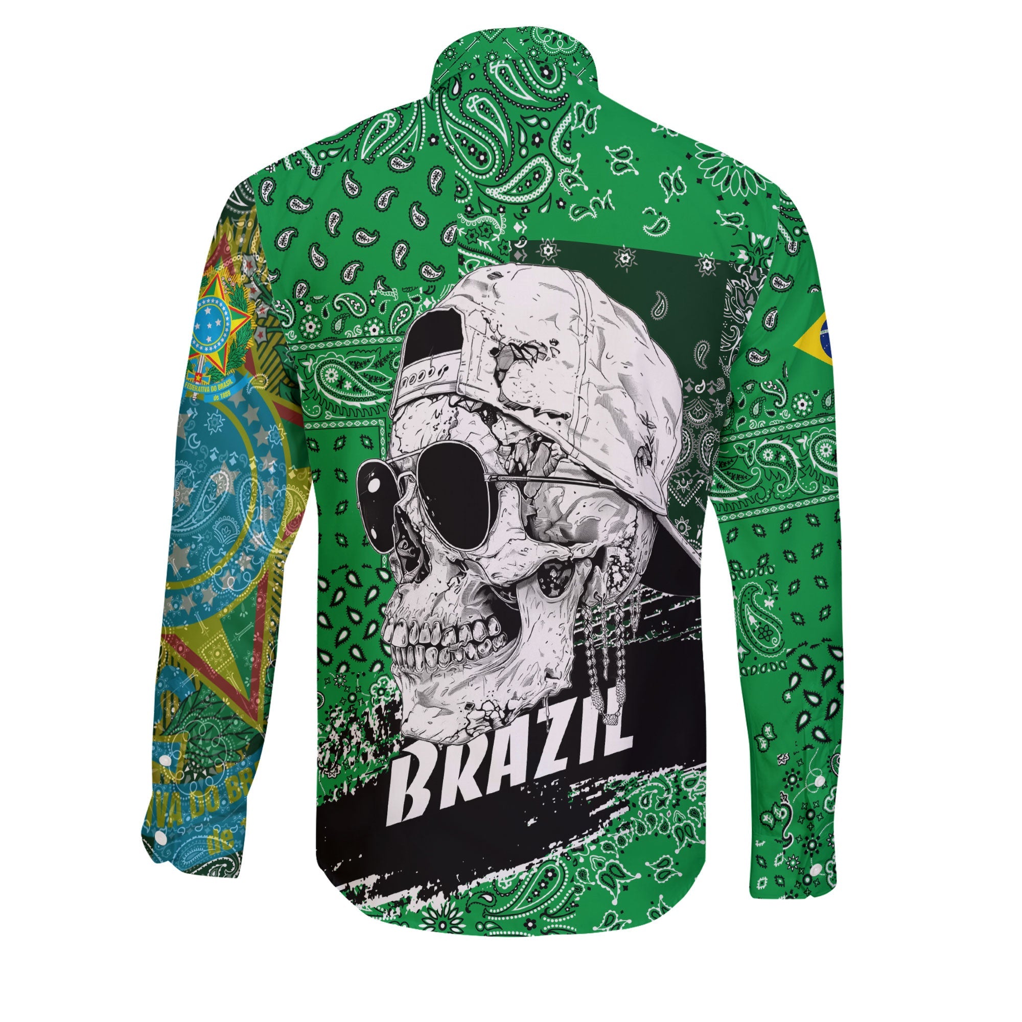 Brazil Long Sleeve Button Shirt Paisley Flag And Skull Style 2