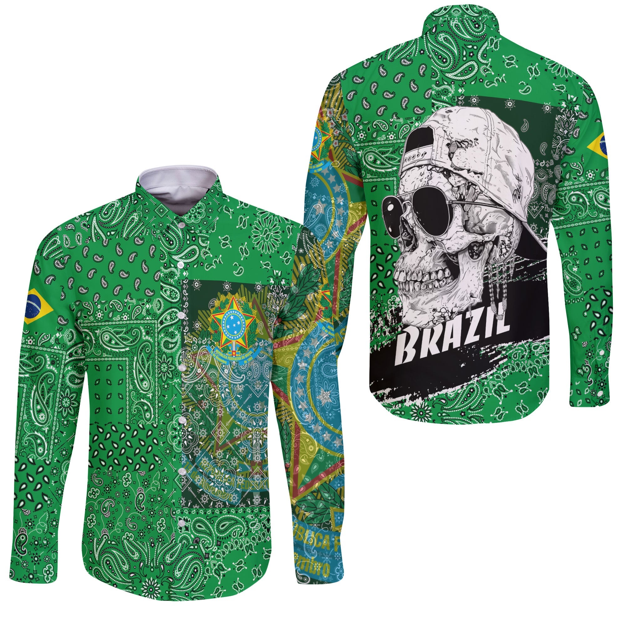 Brazil Long Sleeve Button Shirt Paisley Flag And Skull Style 3