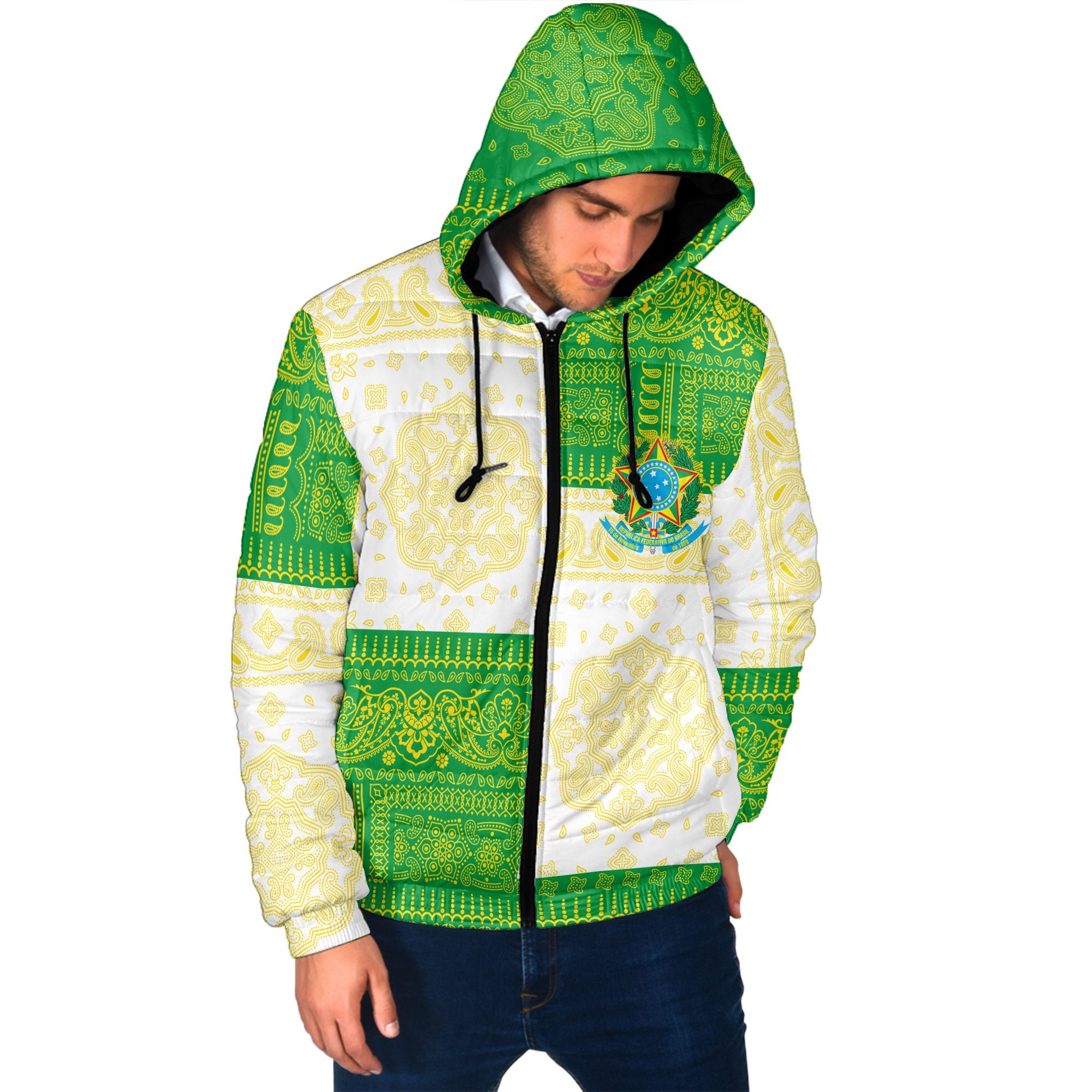 Brazil Men Hooded Padded Jacket Flag And Paisley Basic Style 2