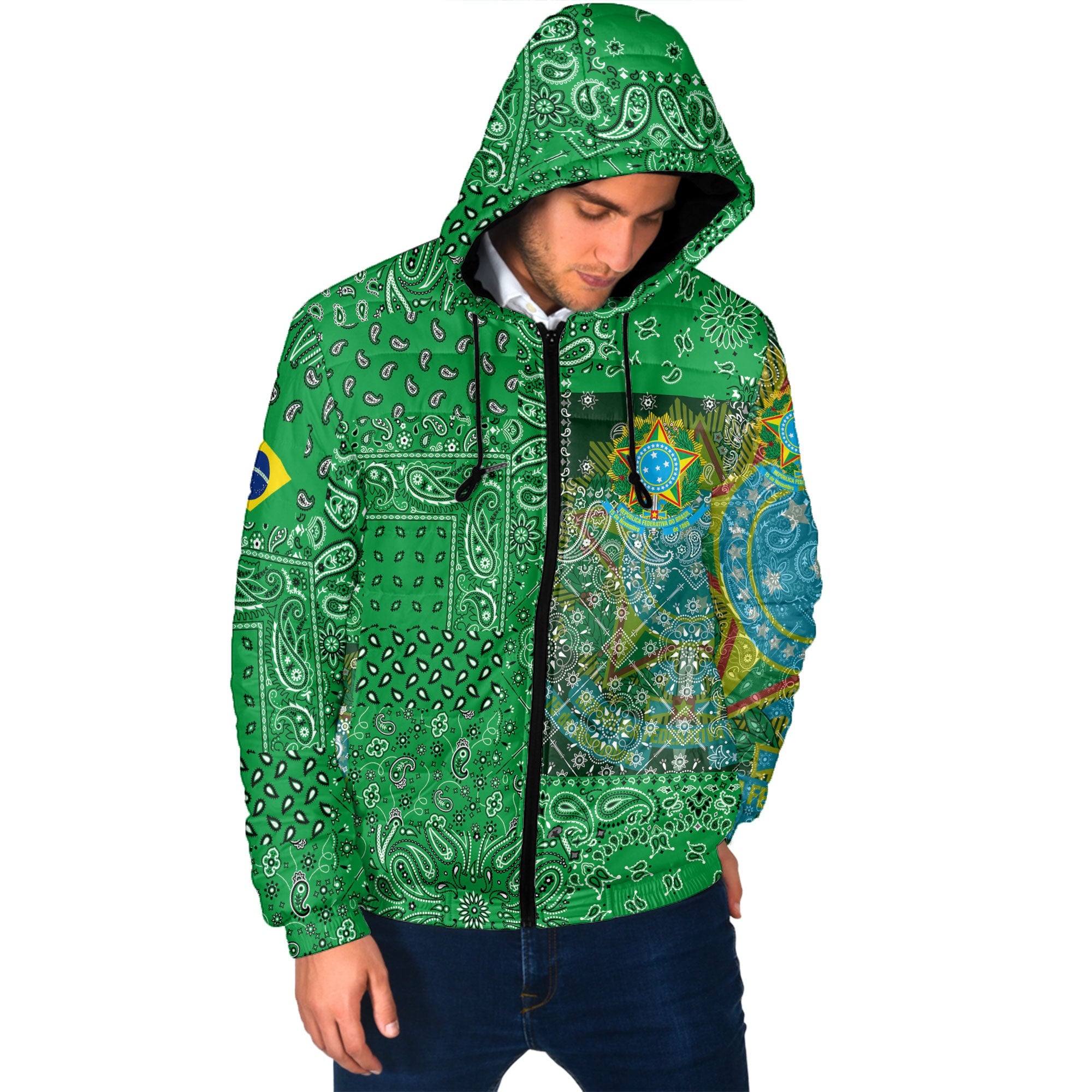 Brazil Men Hooded Padded Jacket Paisley Flag And Skull Style 2