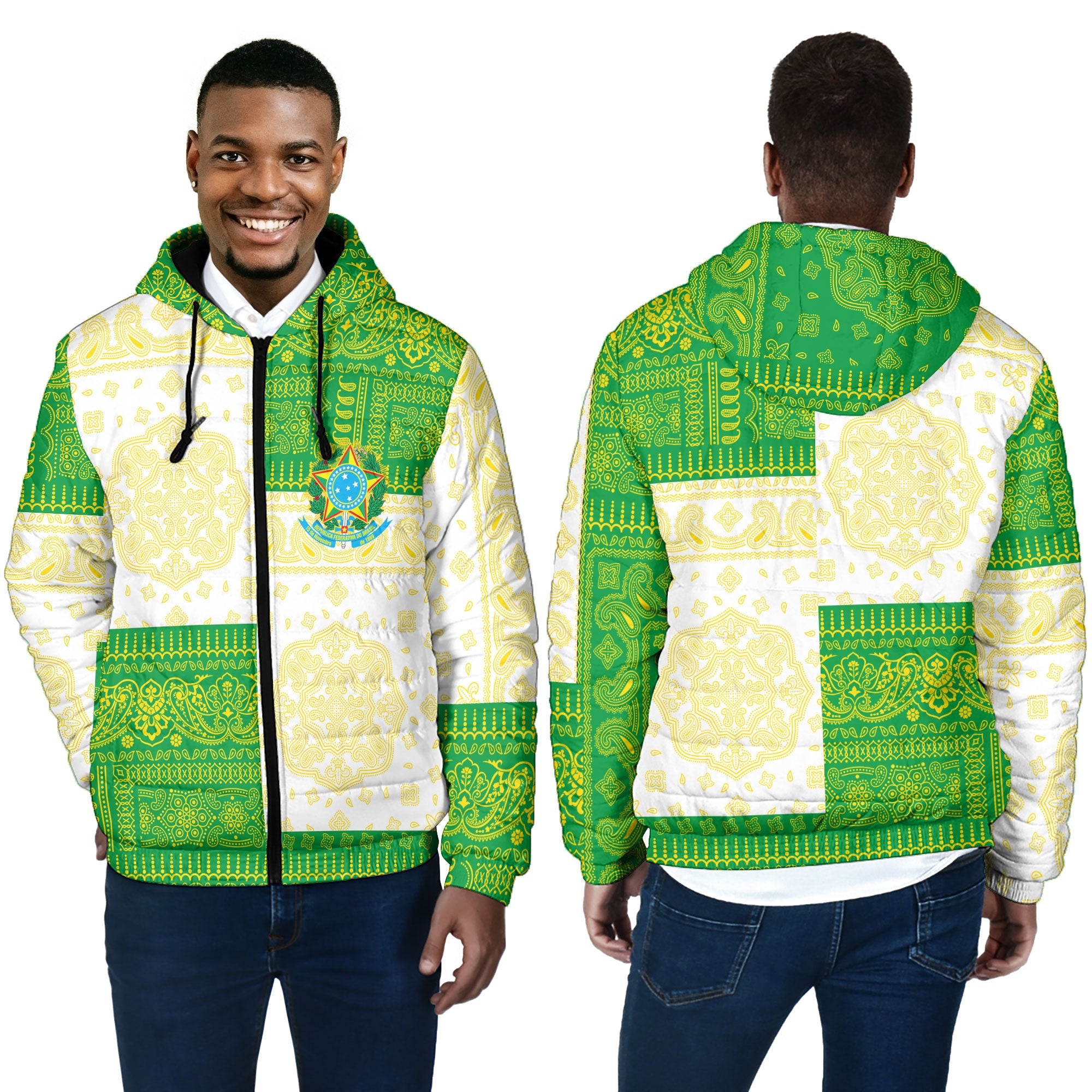 Brazil Men Hooded Padded Jacket Flag And Paisley Basic Style 4