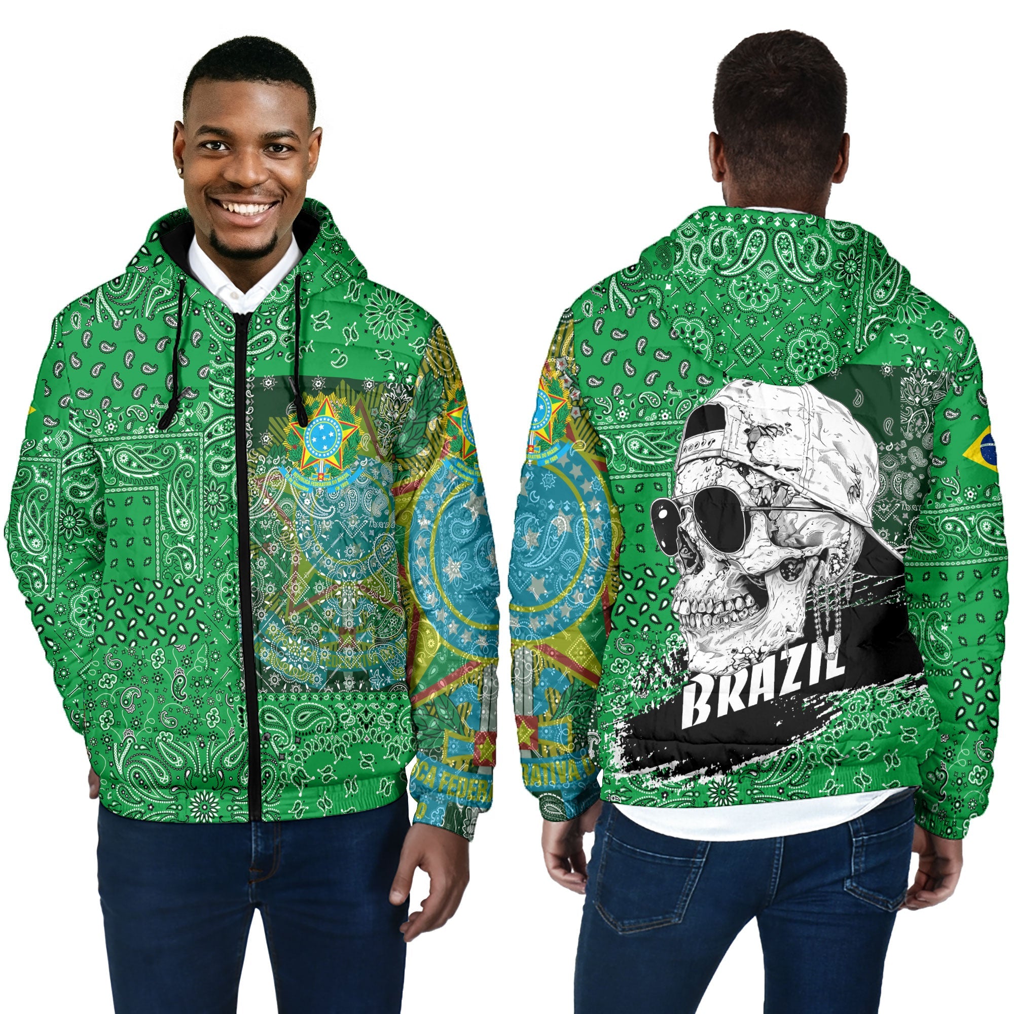 Brazil Men Hooded Padded Jacket Paisley Flag And Skull Style 4